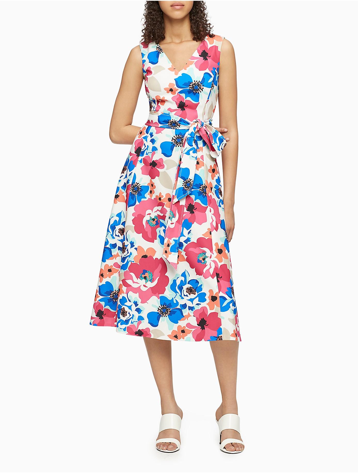 Calvin Klein Synthetic Floral V-neck Tie Waist A-line Dress in Blue - Lyst