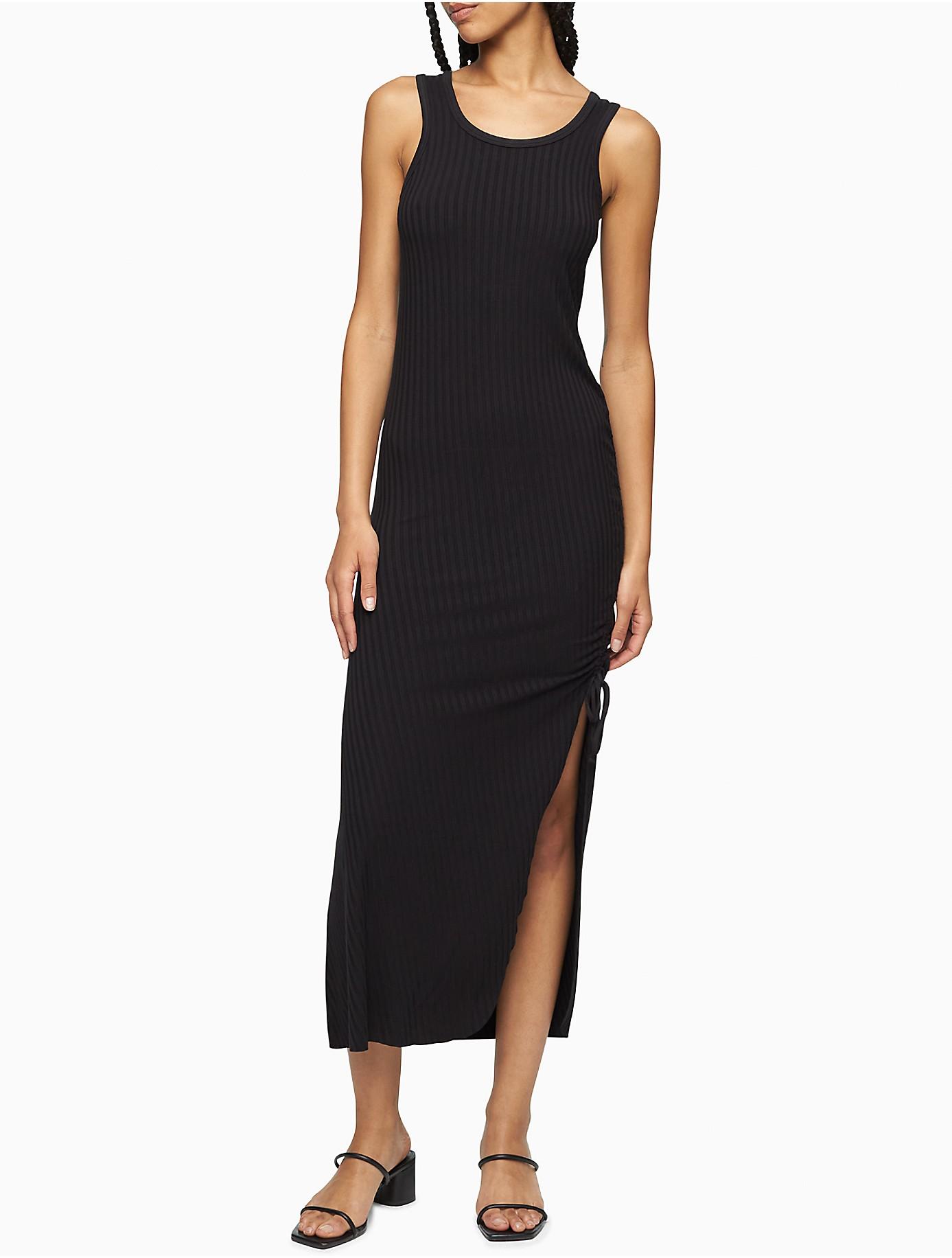 Calvin Klein Synthetic Ruched Midi Tank Dress in Black | Lyst