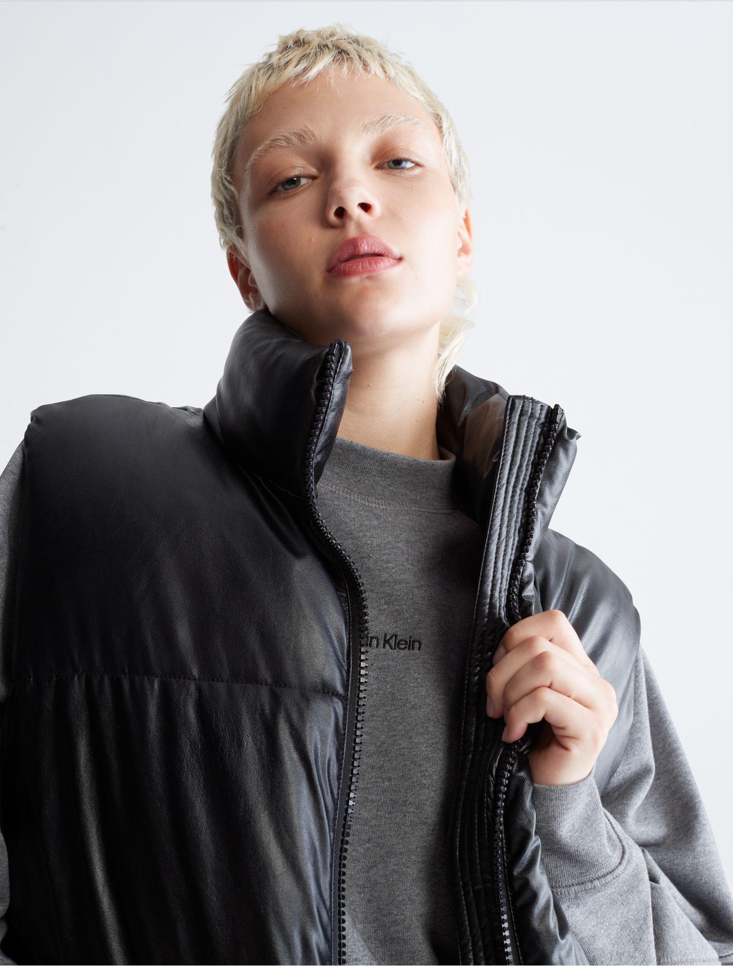 Calvin Klein Faux Leather Puffer Vest in Gray | Lyst
