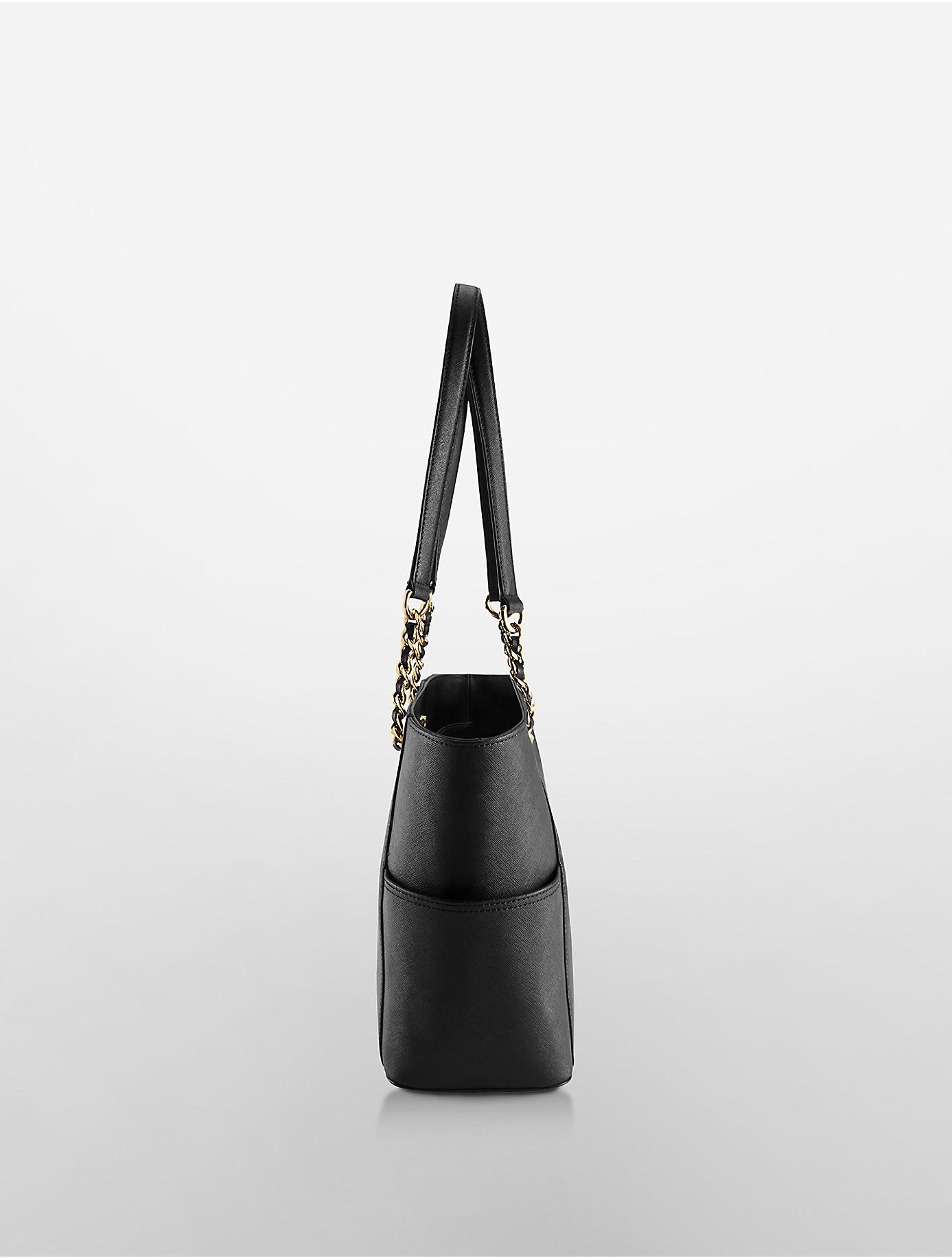 Calvin Klein Saffiano Leather Small Winged Tote Bag in Black