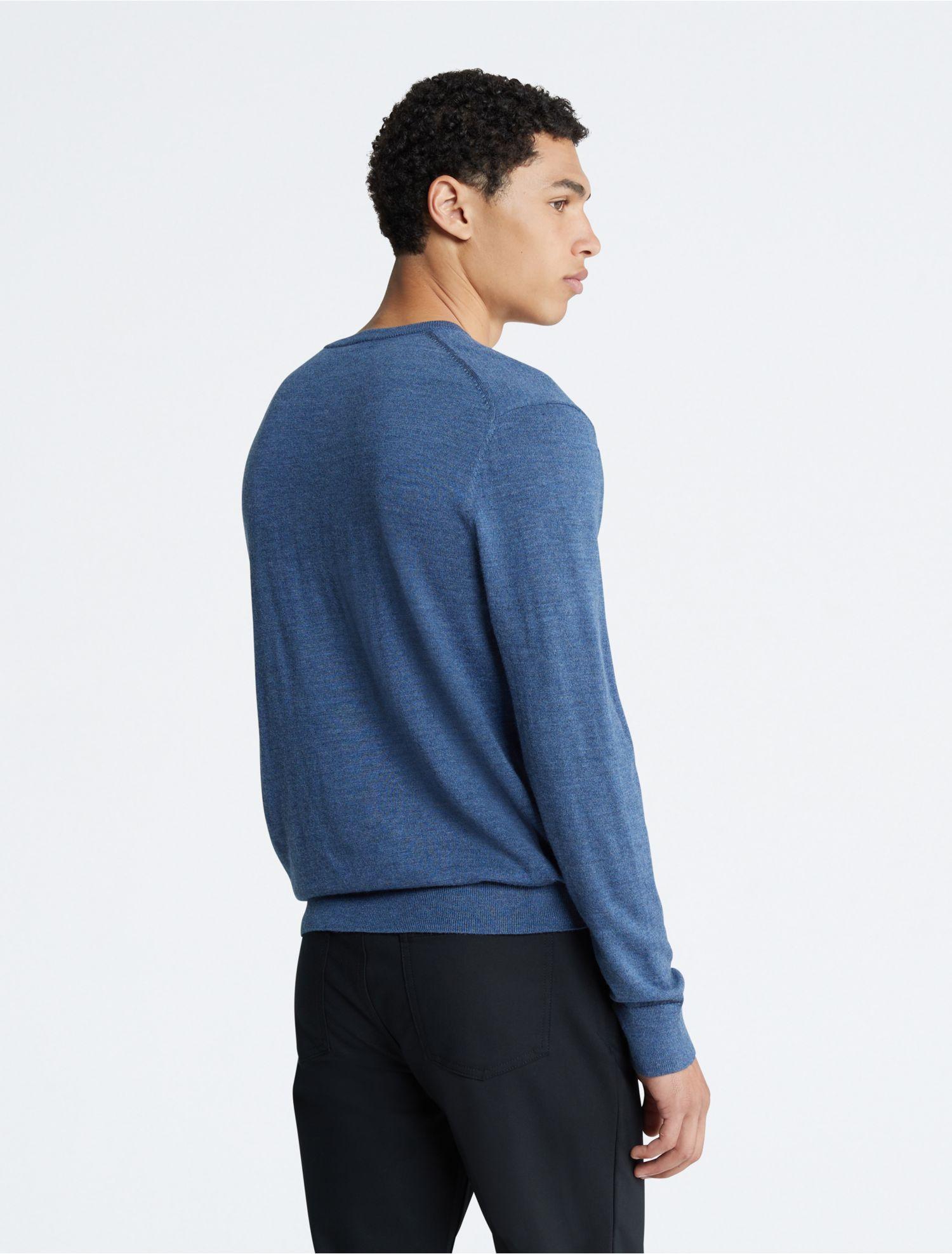 Calvin Klein Extra Fine Merino Wool Blend V neck Sweater in Blue