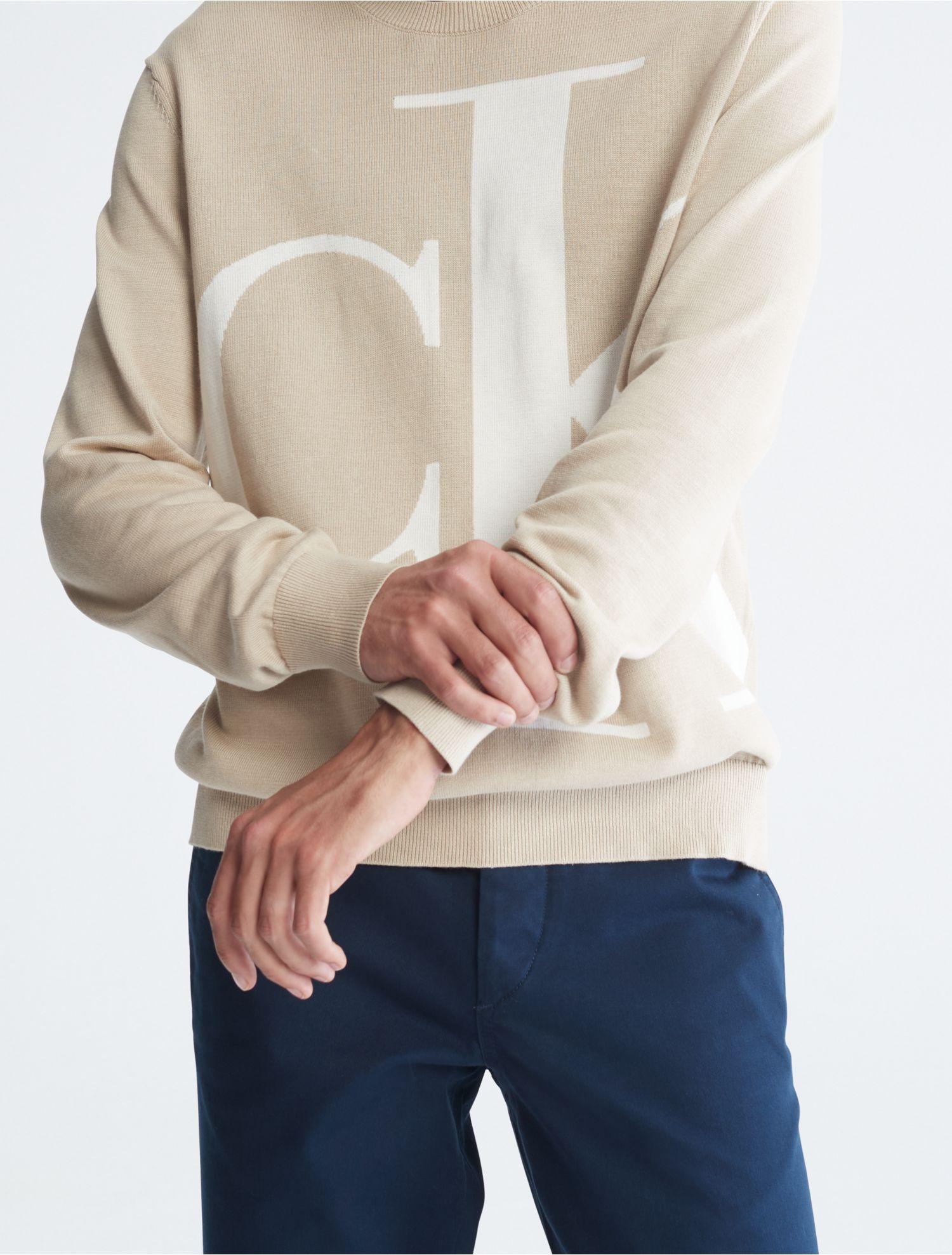 Calvin Klein Supima Cotton Monogram Logo Sweater in White for Men | Lyst