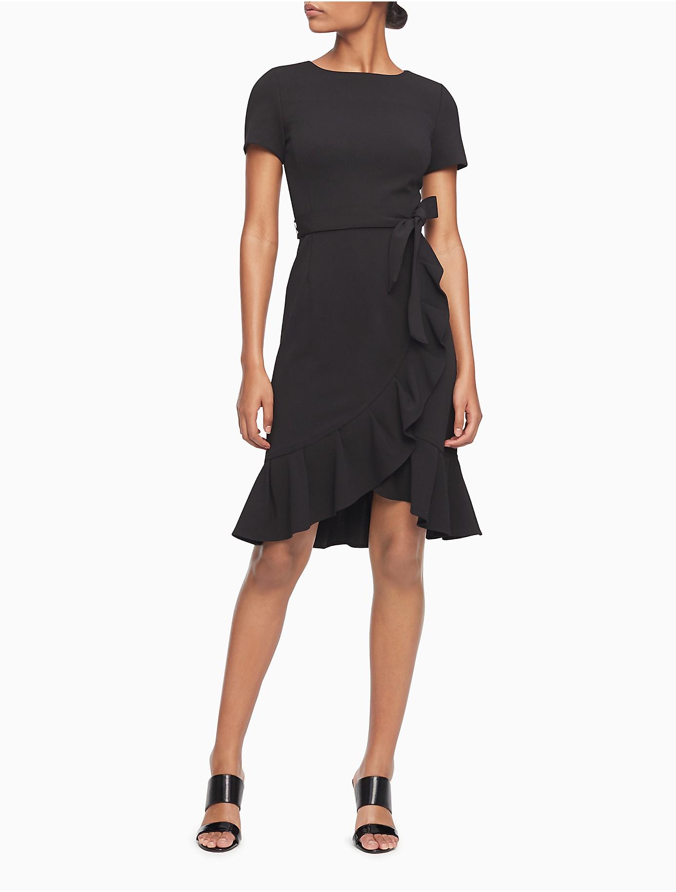 Calvin Klein Belted Ruffle Hem Short Sleeve Dress in Black | Lyst
