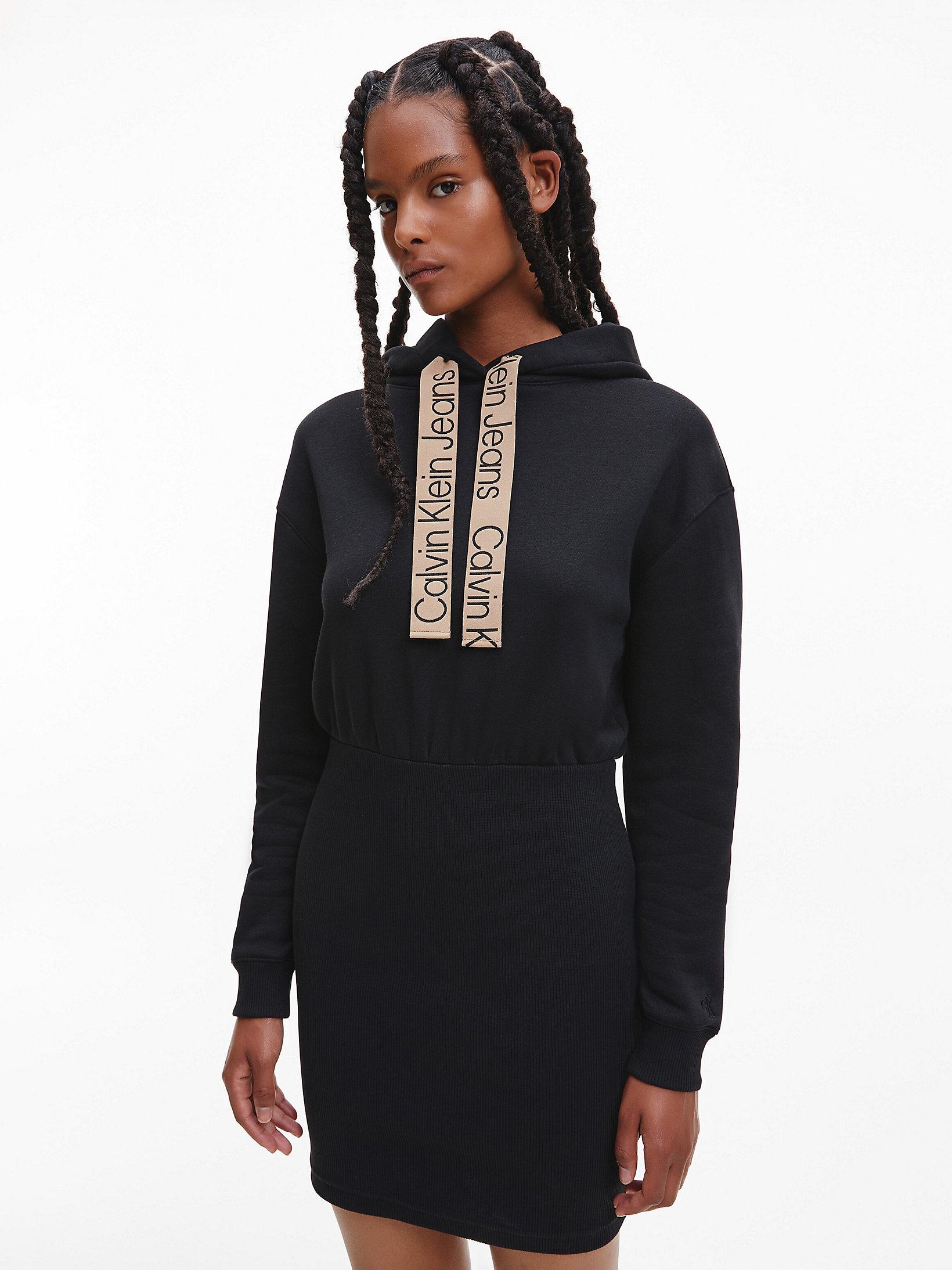 Calvin Klein Logo Tape Hooded Sweatshirt Dress in Black | Lyst UK