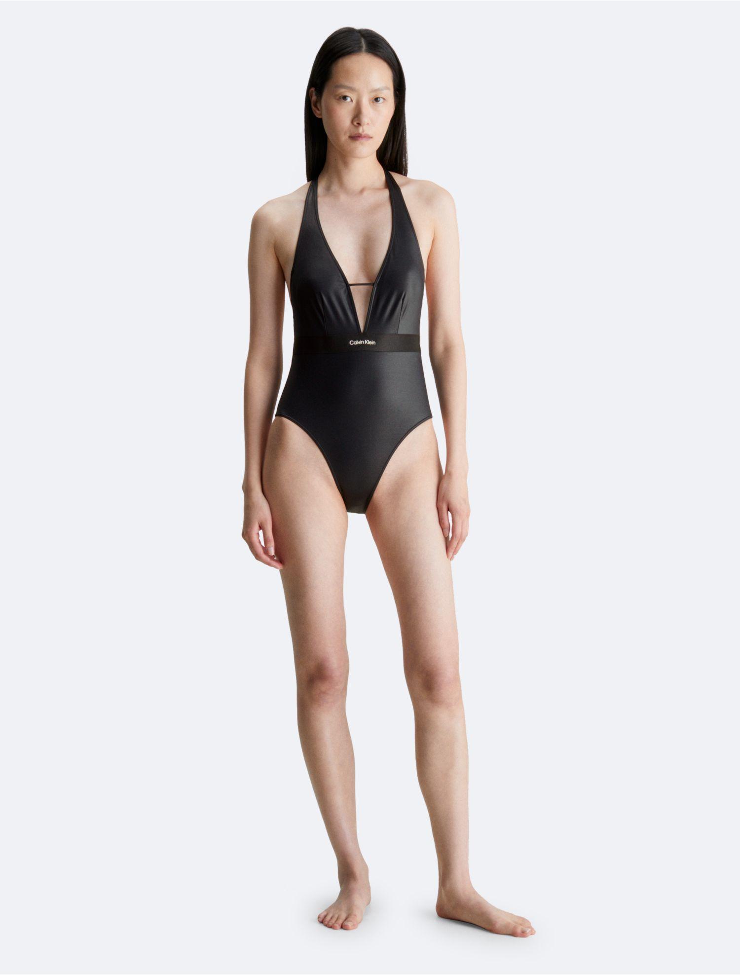 Calvin Klein Plunge Neckline One Piece Swimsuit in Black