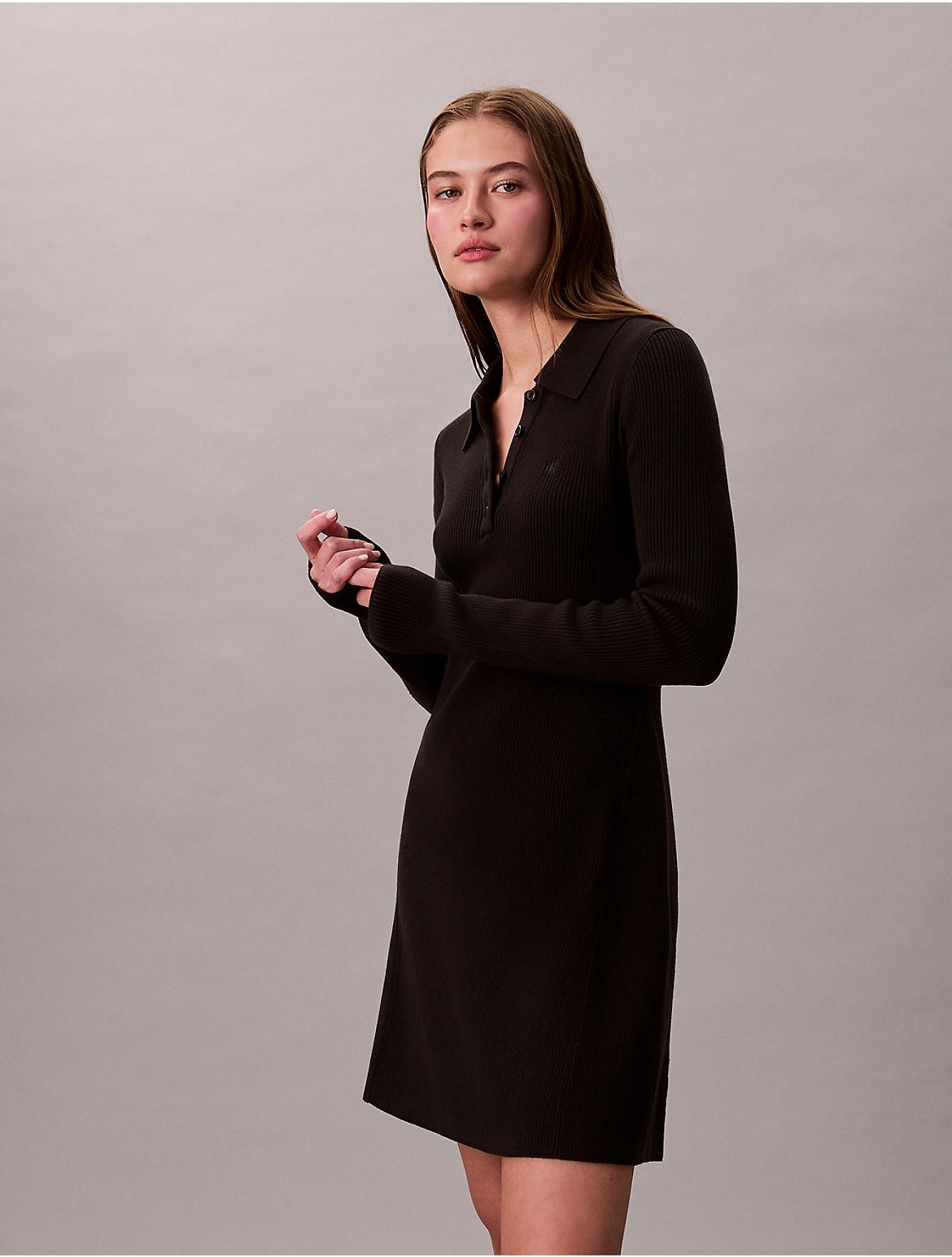 Calvin Klein Calvin Klein Cotton Rib V-Neck Polo Mini Dress in Black | Lyst