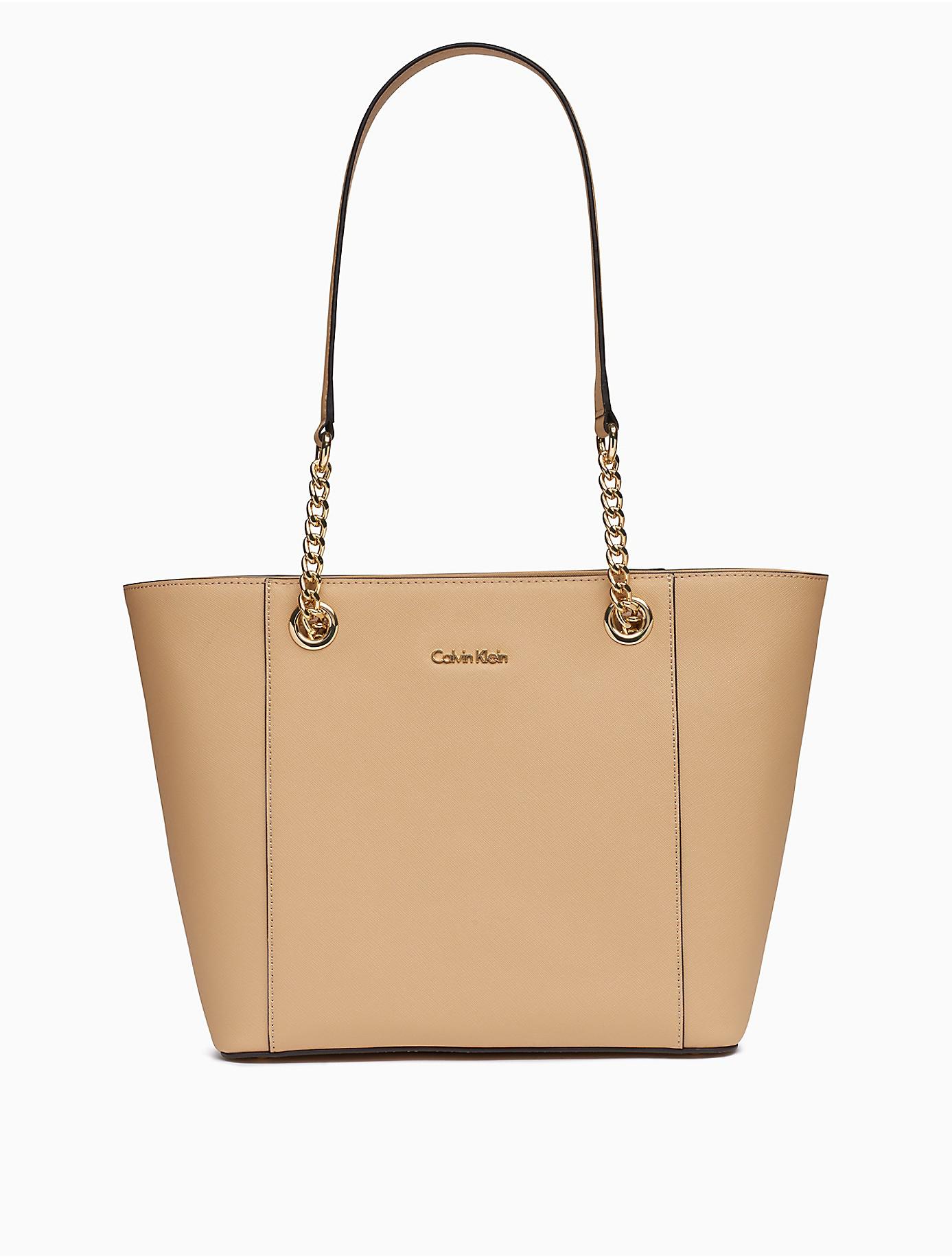 Calvin Klein Saffiano Leather Chainlink Tote Bag in Nude/Gold (Natural) - Lyst