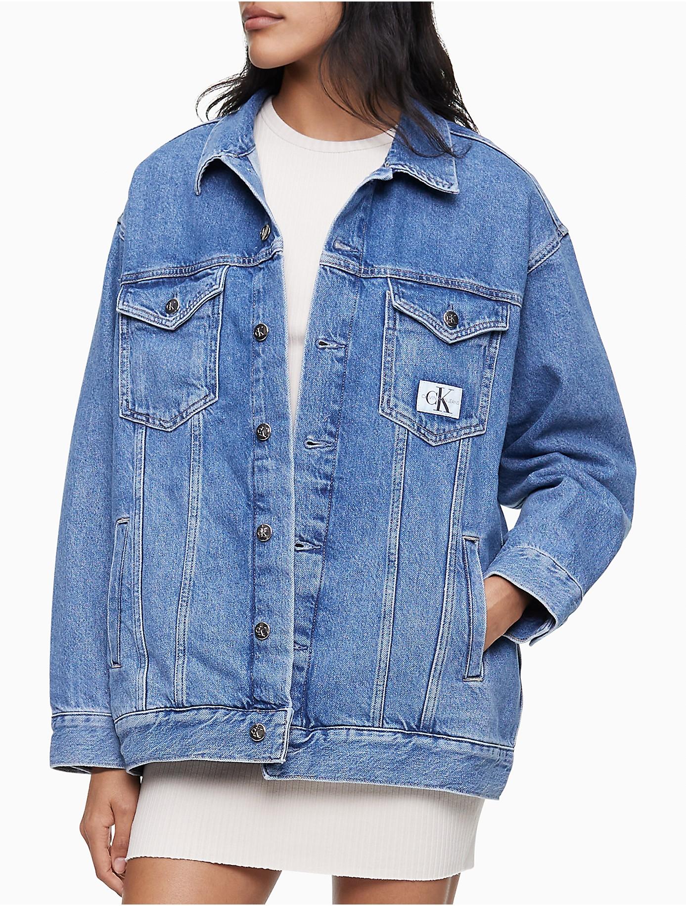 Calvin Klein Mid Blue Long Dad Denim Jacket | Lyst