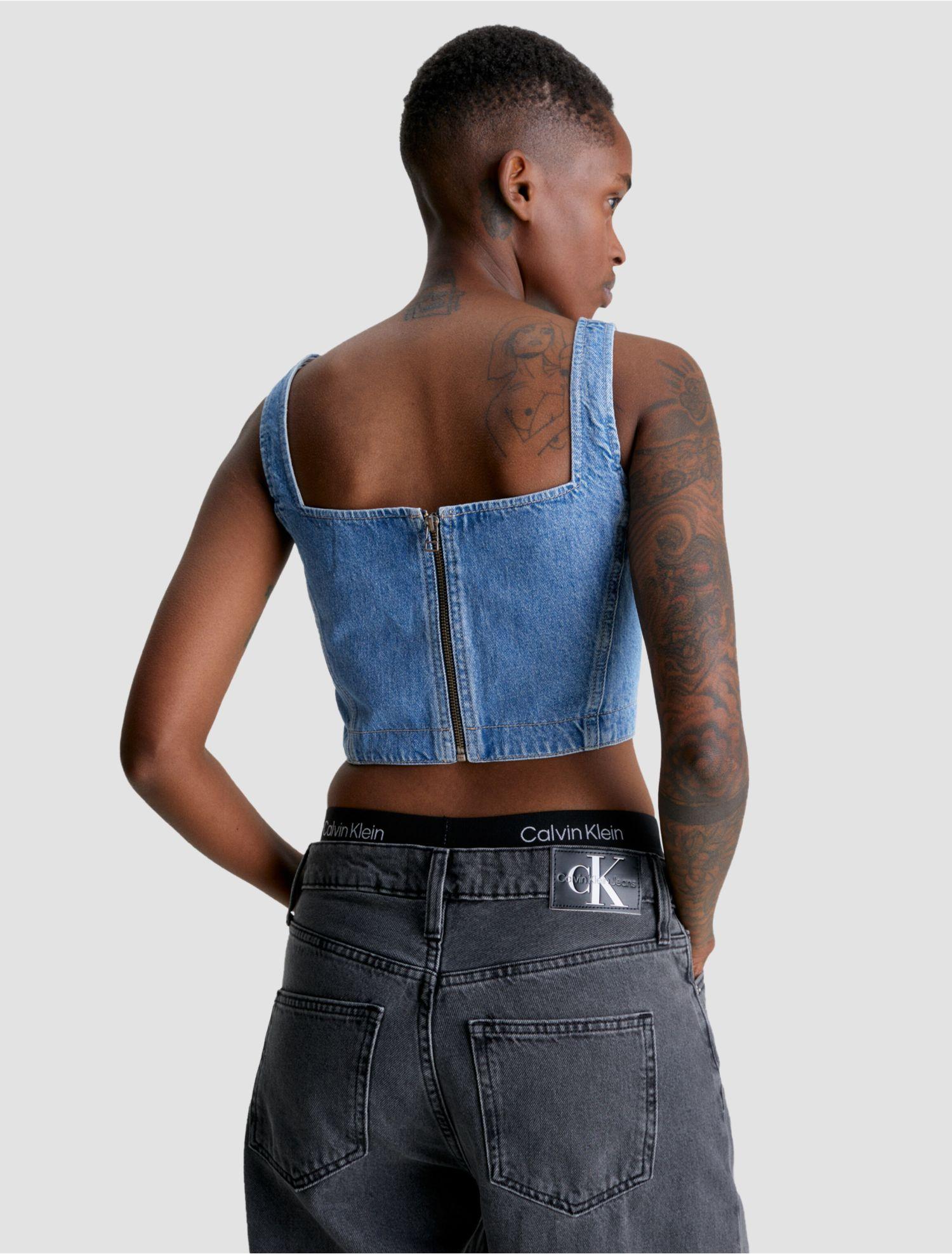 Calvin Klein Cropped Denim Corset Top in Blue | Lyst