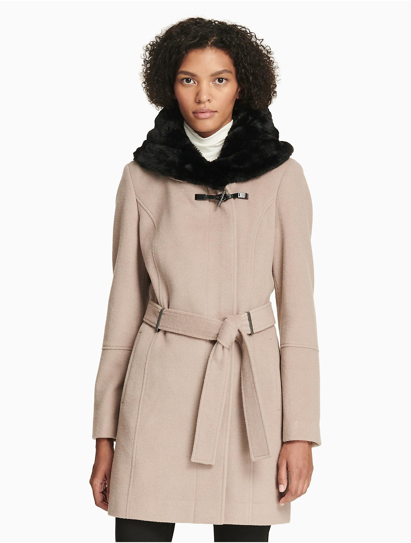 calvin klein faux fur trim wrap coat