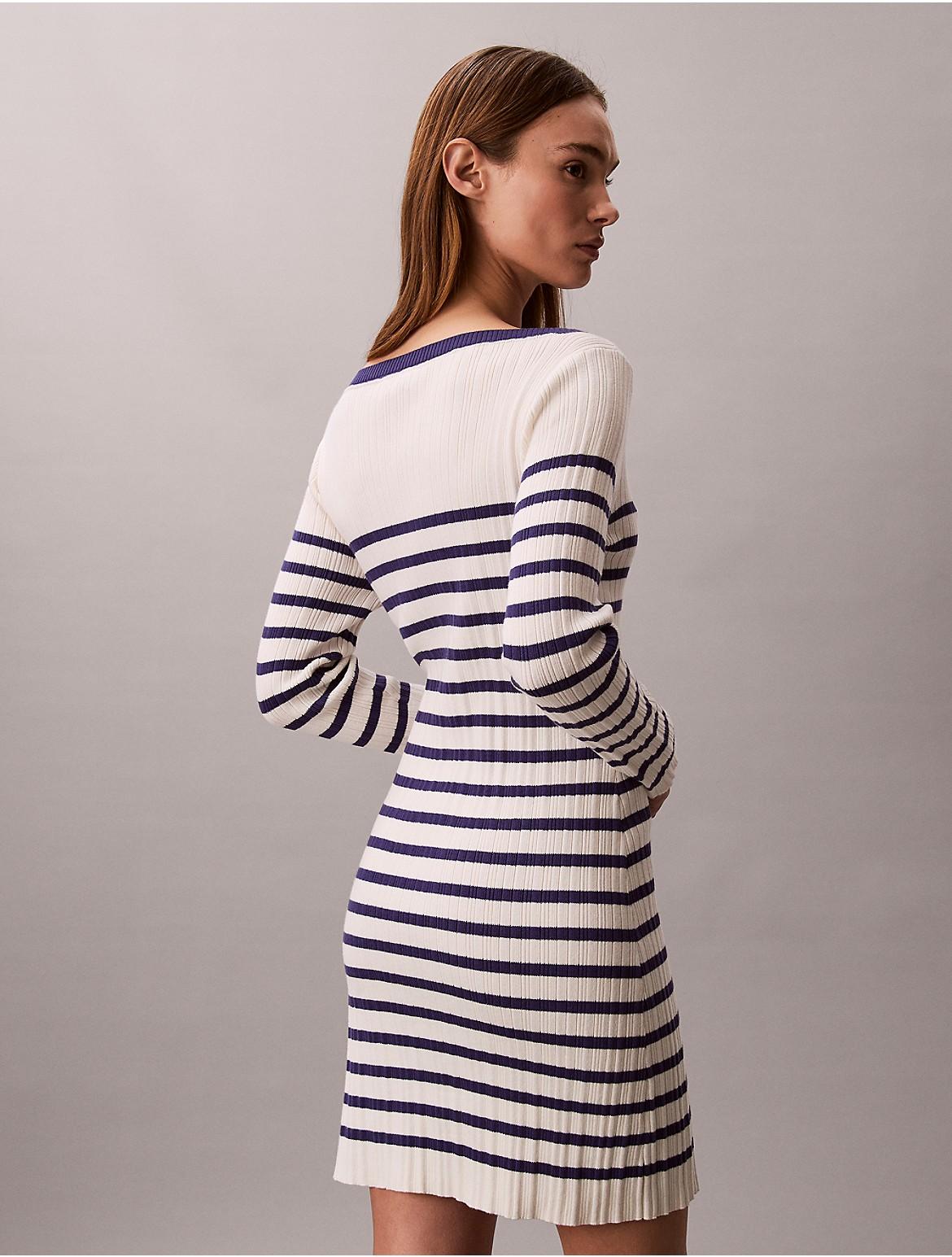calvin klein striped dress long sleeve Calvin Klein Striped Long-Sleeve Dress - White - 10% Off