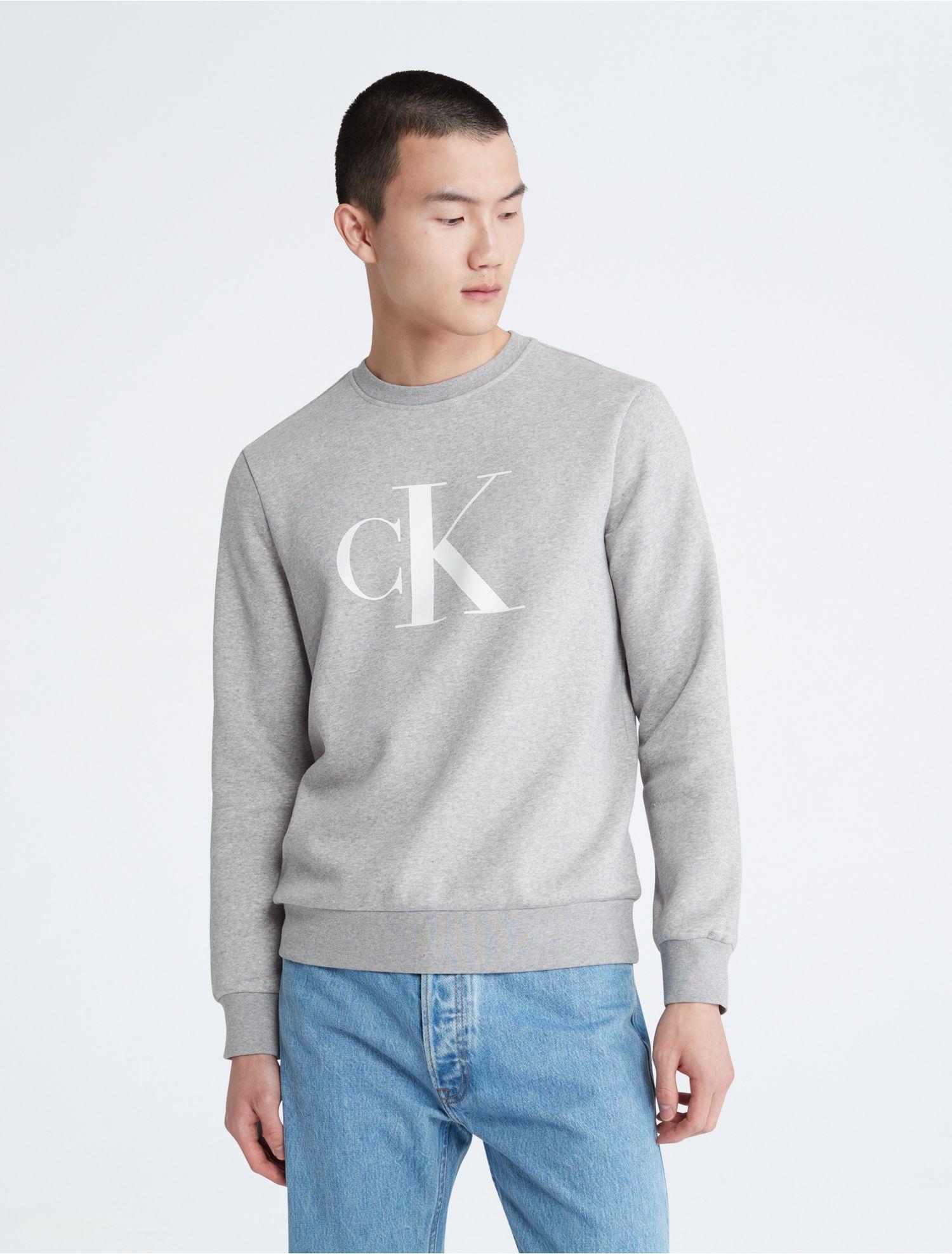 Calvin Klein Monogram Logo Fleece Crewneck Sweatshirt in Grey for Men