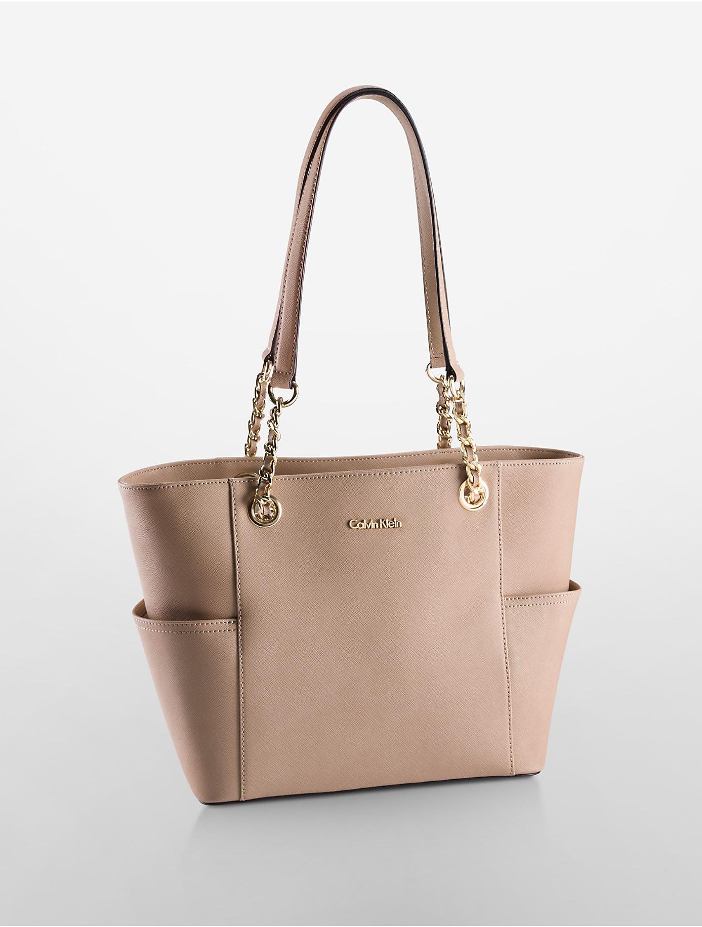 Calvin Klein Saffiano Leather Chain-trimmed Tote Bag in Nude (Brown) - Lyst