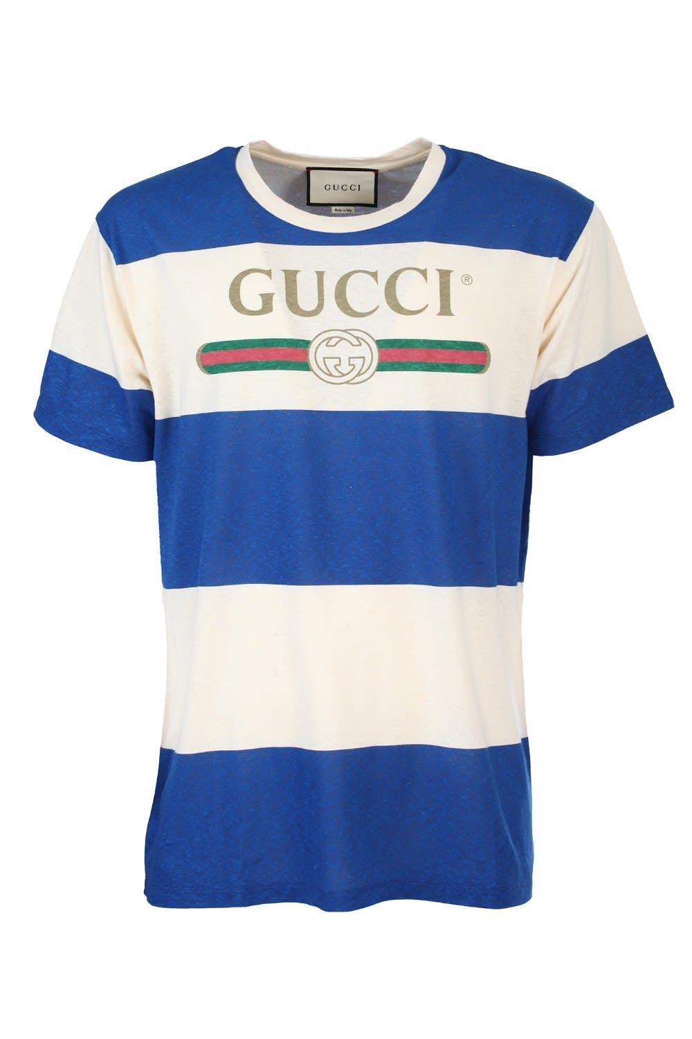 Gucci Cotton White And Blue Striped T-shirt With Logo - Lyst