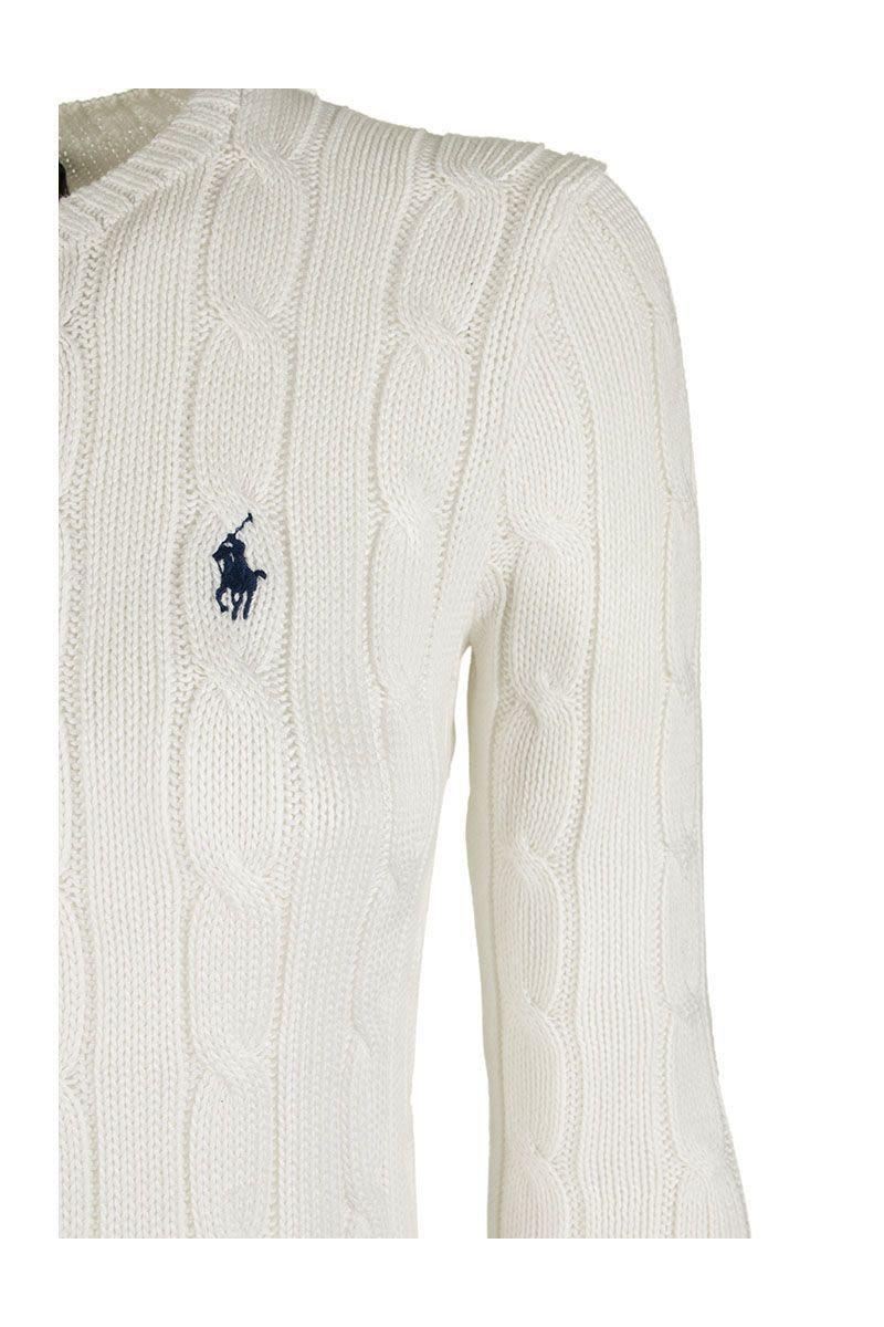 Ralph Lauren Leather Slim Fit Cable-knit Jumper in White - Lyst