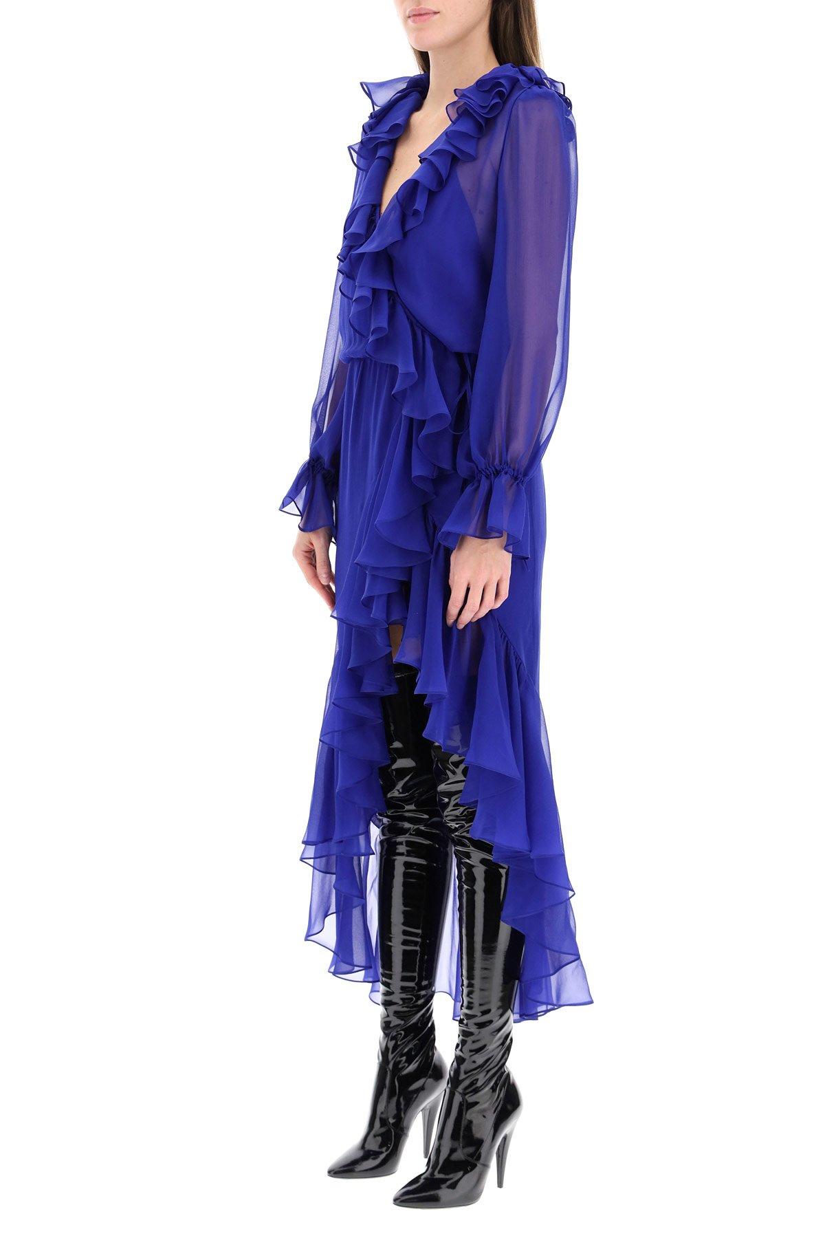 Saint Laurent Chiffon Dress With Ruffles in Blue | Lyst