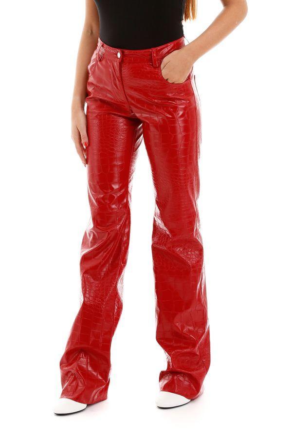 red faux leather trousers