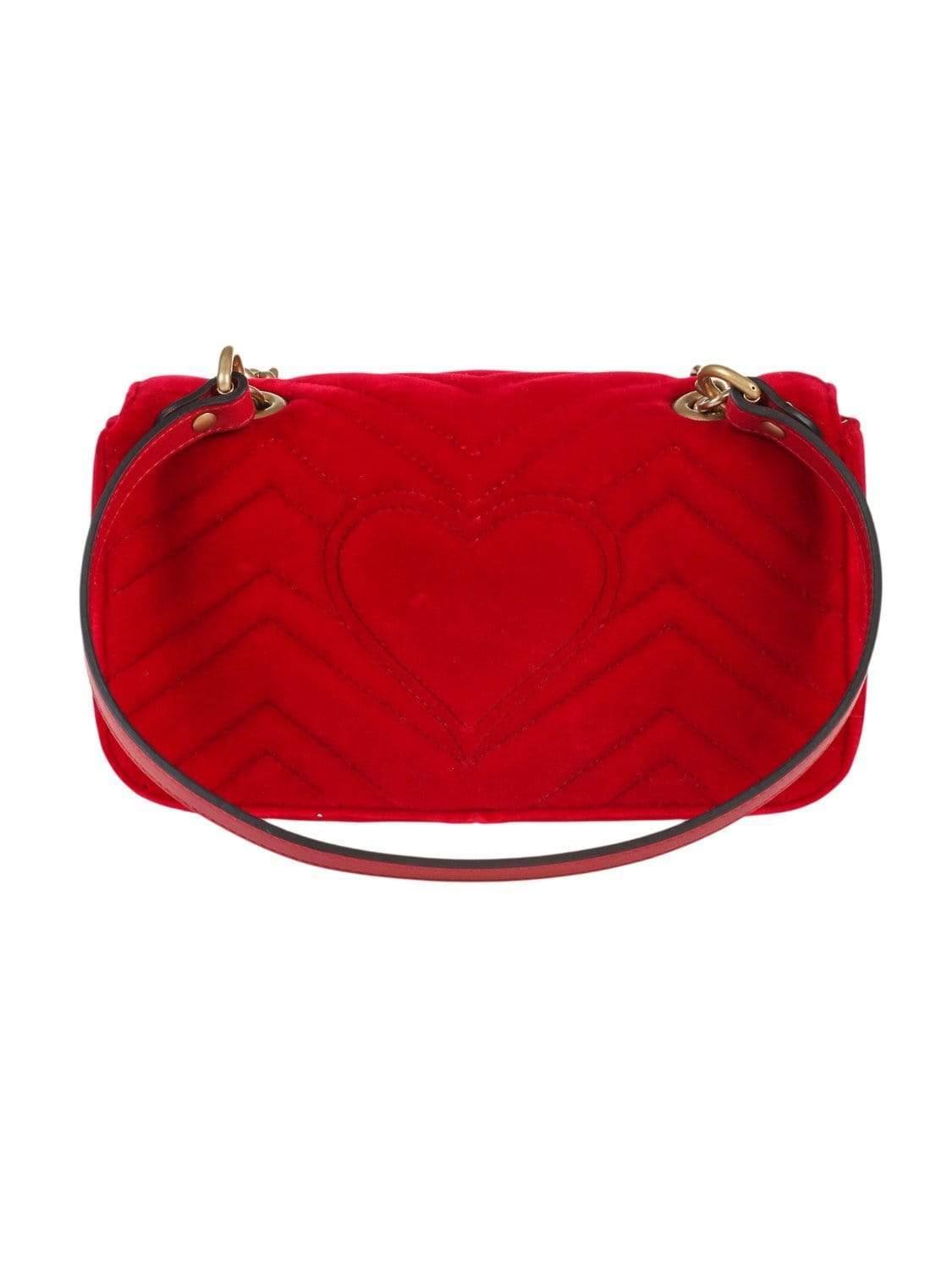 Gucci Marmont Mini Gg Bag In Red Velvet With Chevron Pattern And Heart On The Back - Lyst