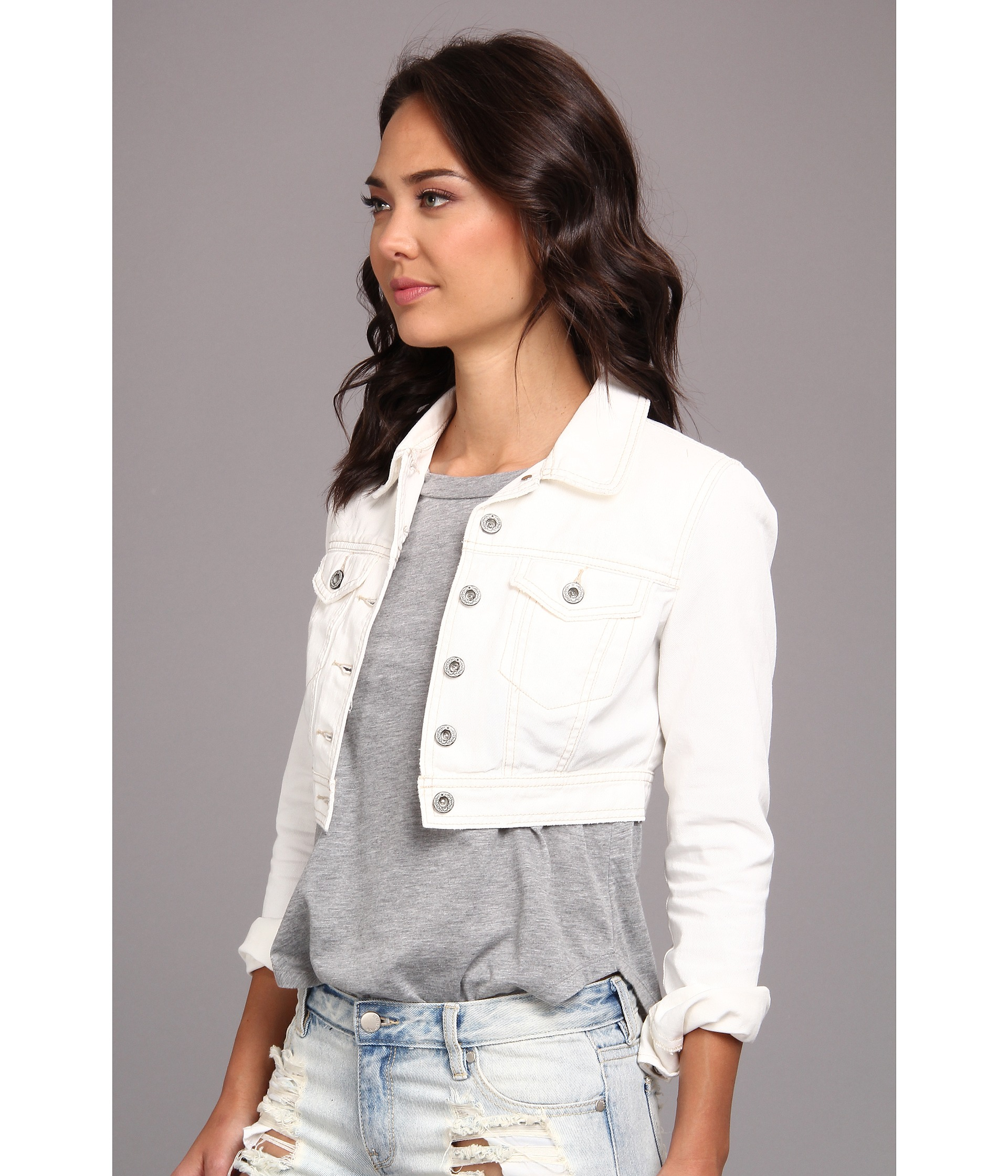 White cropped top denim jacket womens