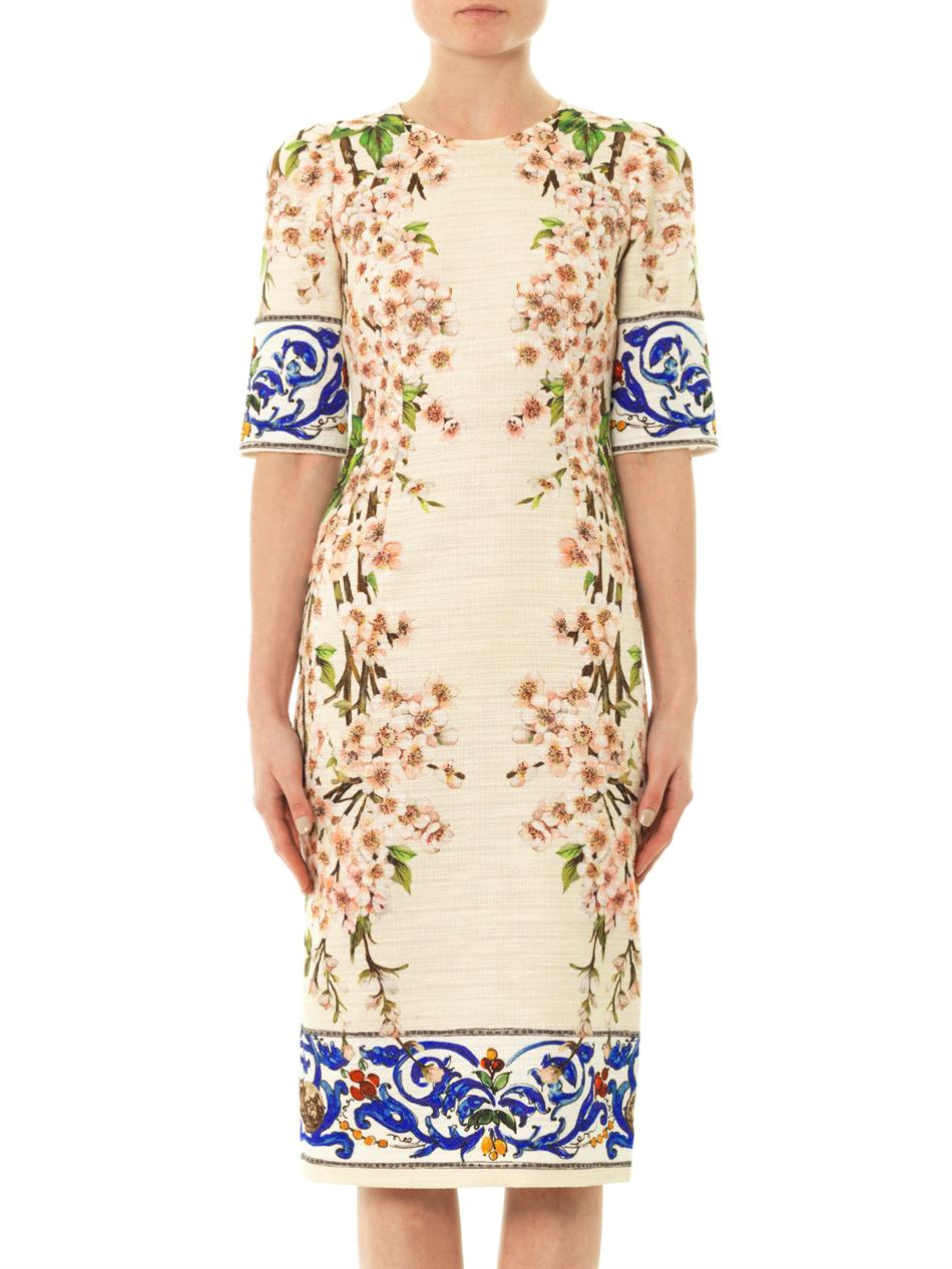 Dolce & Gabbana Almond Blossomprint Tweed Dress in Natural - Lyst