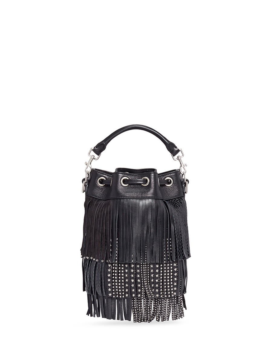 Saint Laurent 'emmanuelle' Small Stud Fringe Leather Bucket Bag in Black
