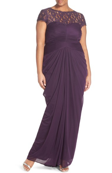 Adrianna Papell Lace Yoke Drape Mesh Gown In Purple Lyst
