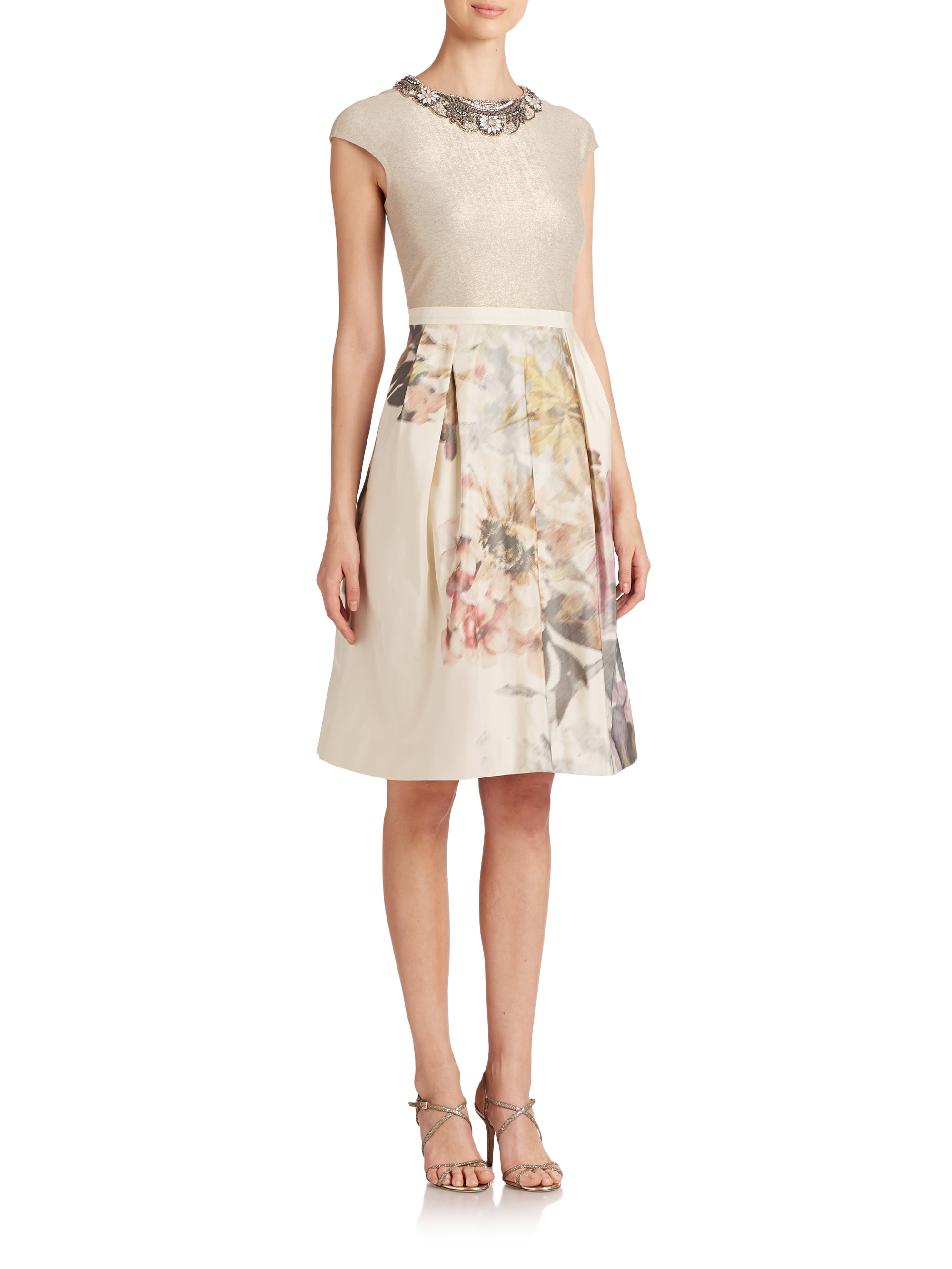 Teri Jon Beaded Knit Top Dress In Champagne Metallic Lyst