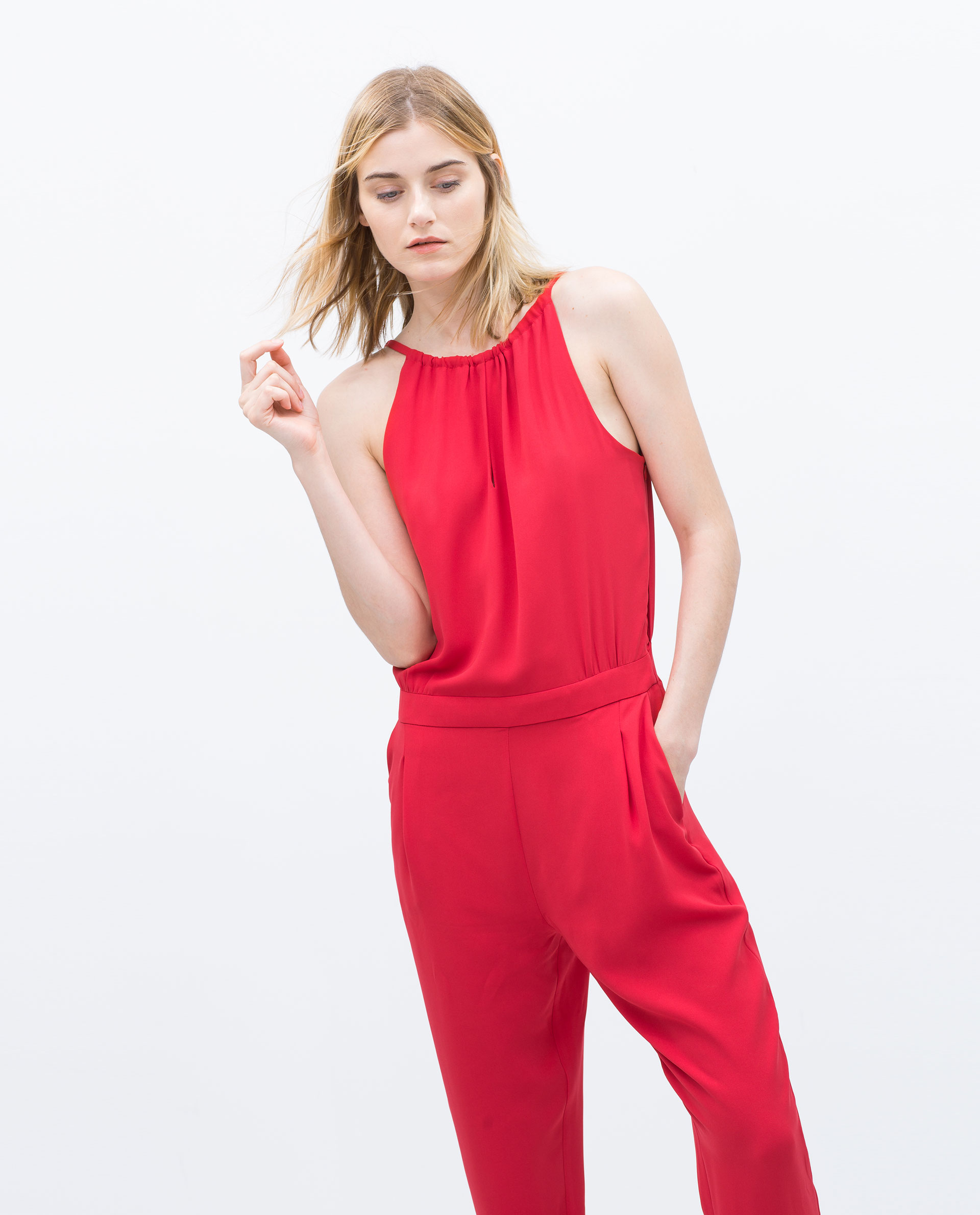 Zara Long Jumpsuit With Spaghetti Straps in Red | Lyst