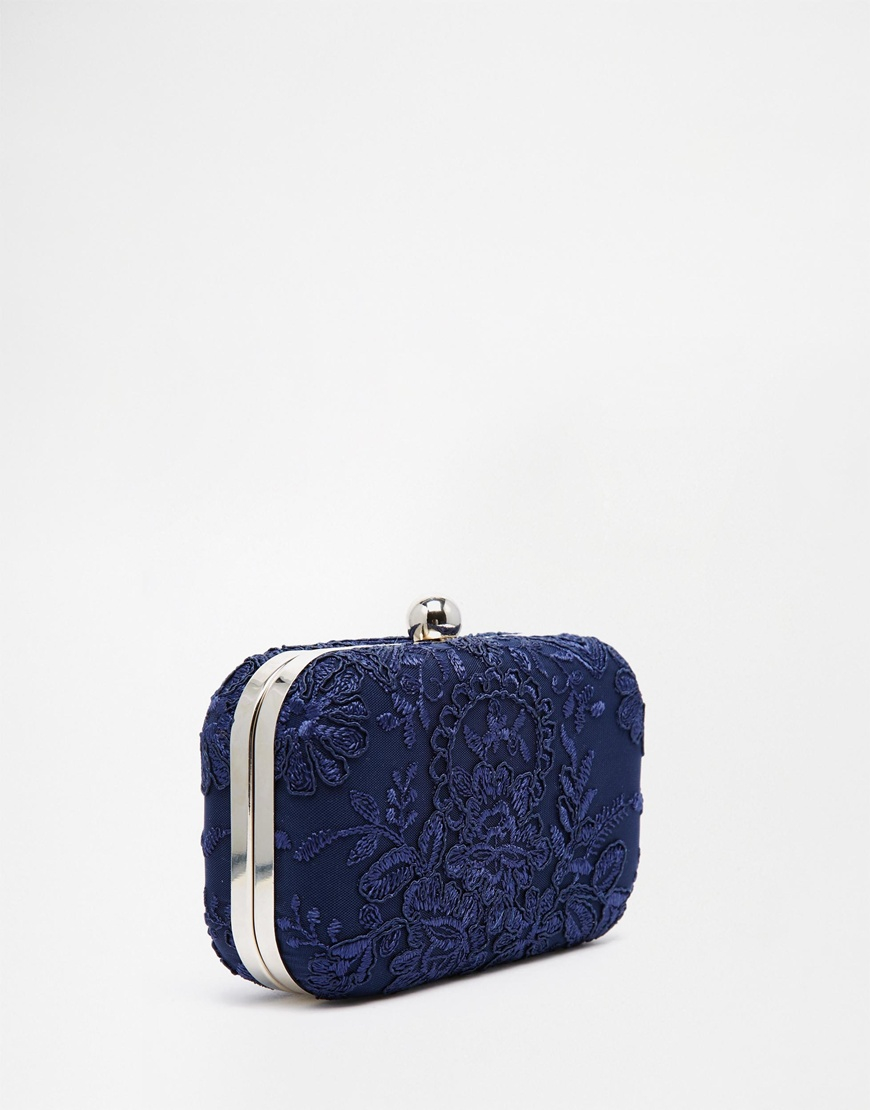 Chi London Box Clutch With Navy Piped Lace Overlay in Blue