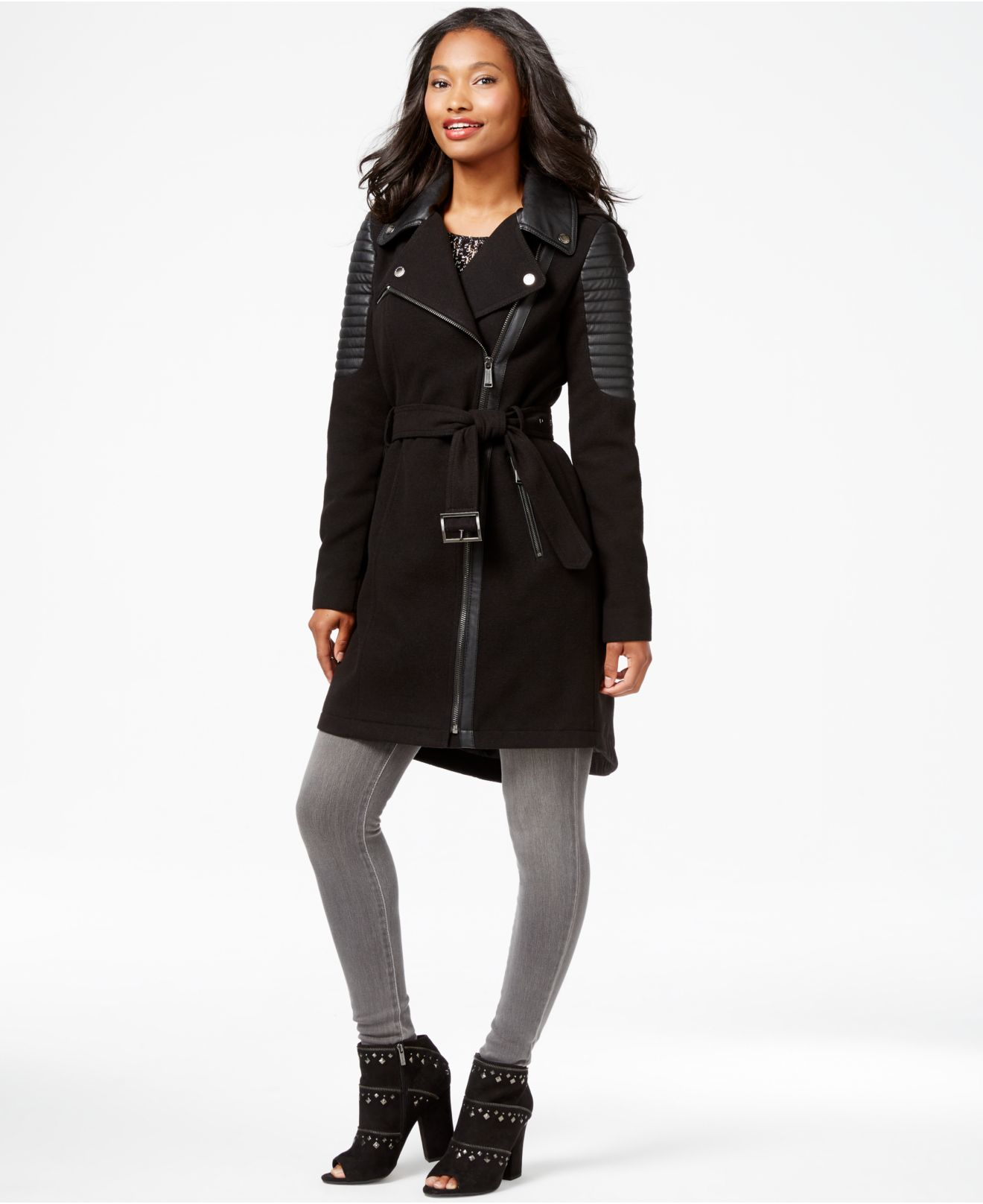 Bcbgeneration Faux Leather Trim Asymmetrical Coat In Black Lyst Gallery