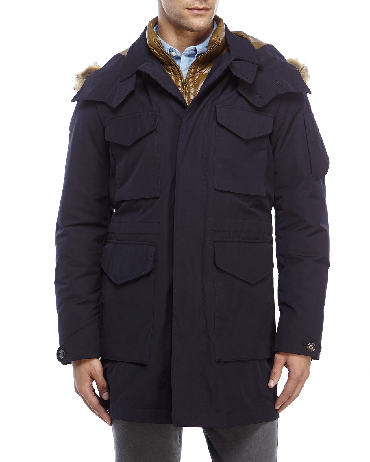 Century 21 C.P. Company Black Faux Fur Trim Hooded Down Jacket in Black