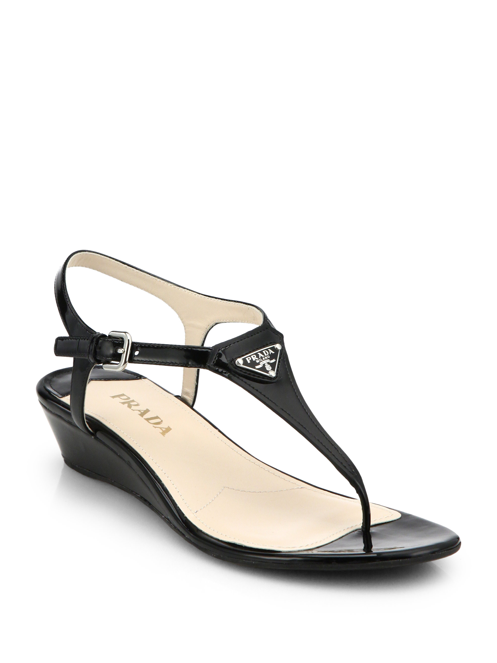 Prada Patent Leather Wedge Thong Sandals in Black | Lyst