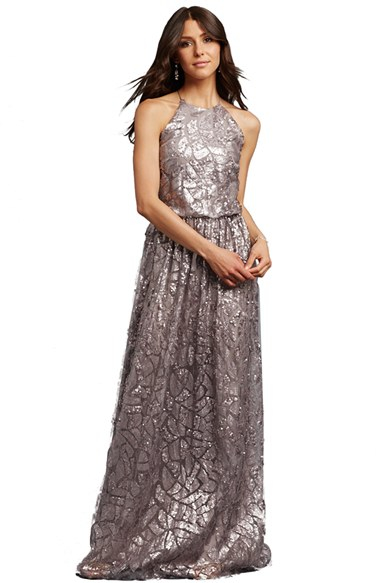Lyst Donna Morgan Tiffany Sequin Halter Style Blouson Gown In Gray Gallery