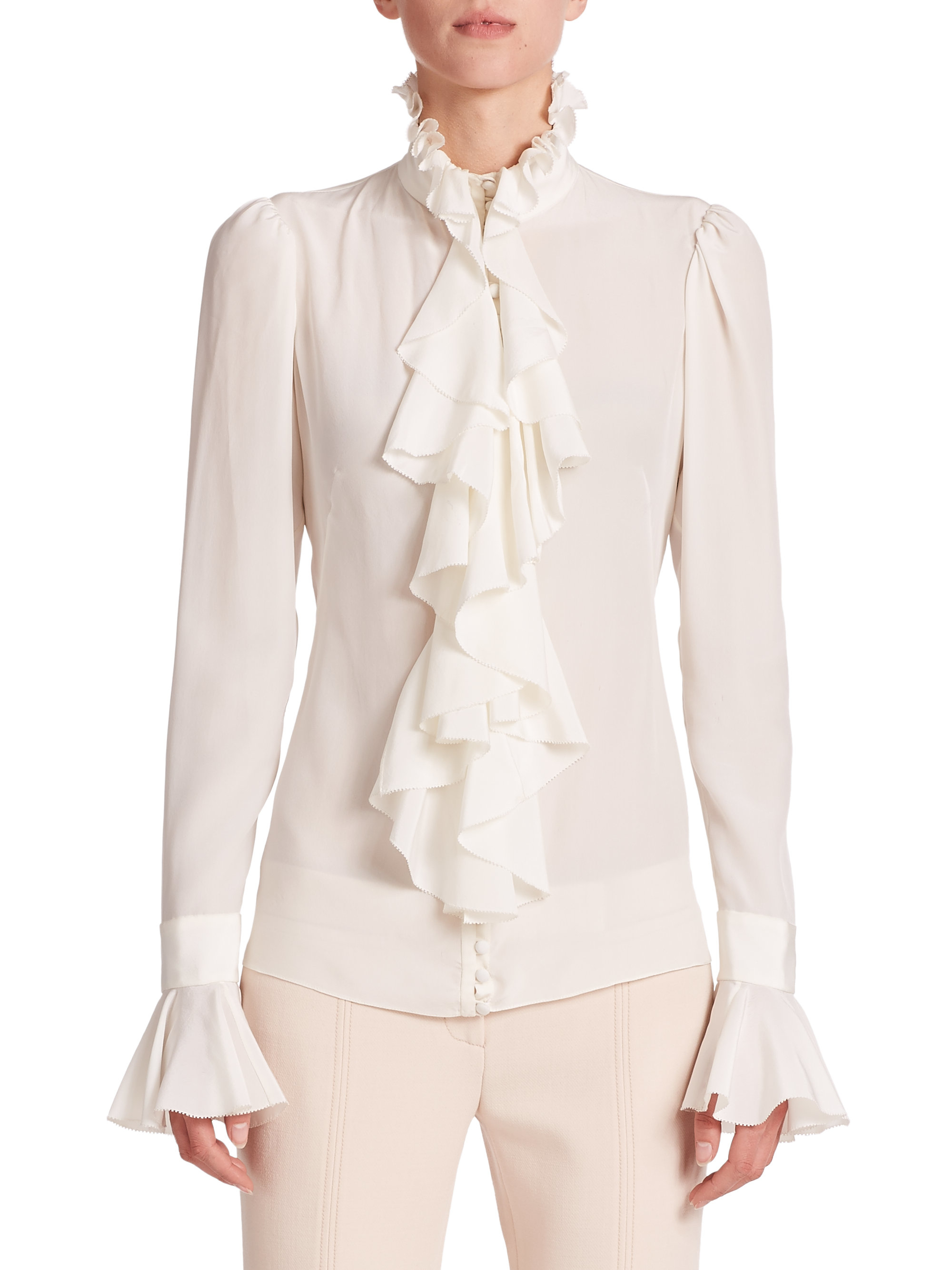 Alexander McQueen Silk Ruffle Blouse in White | Lyst