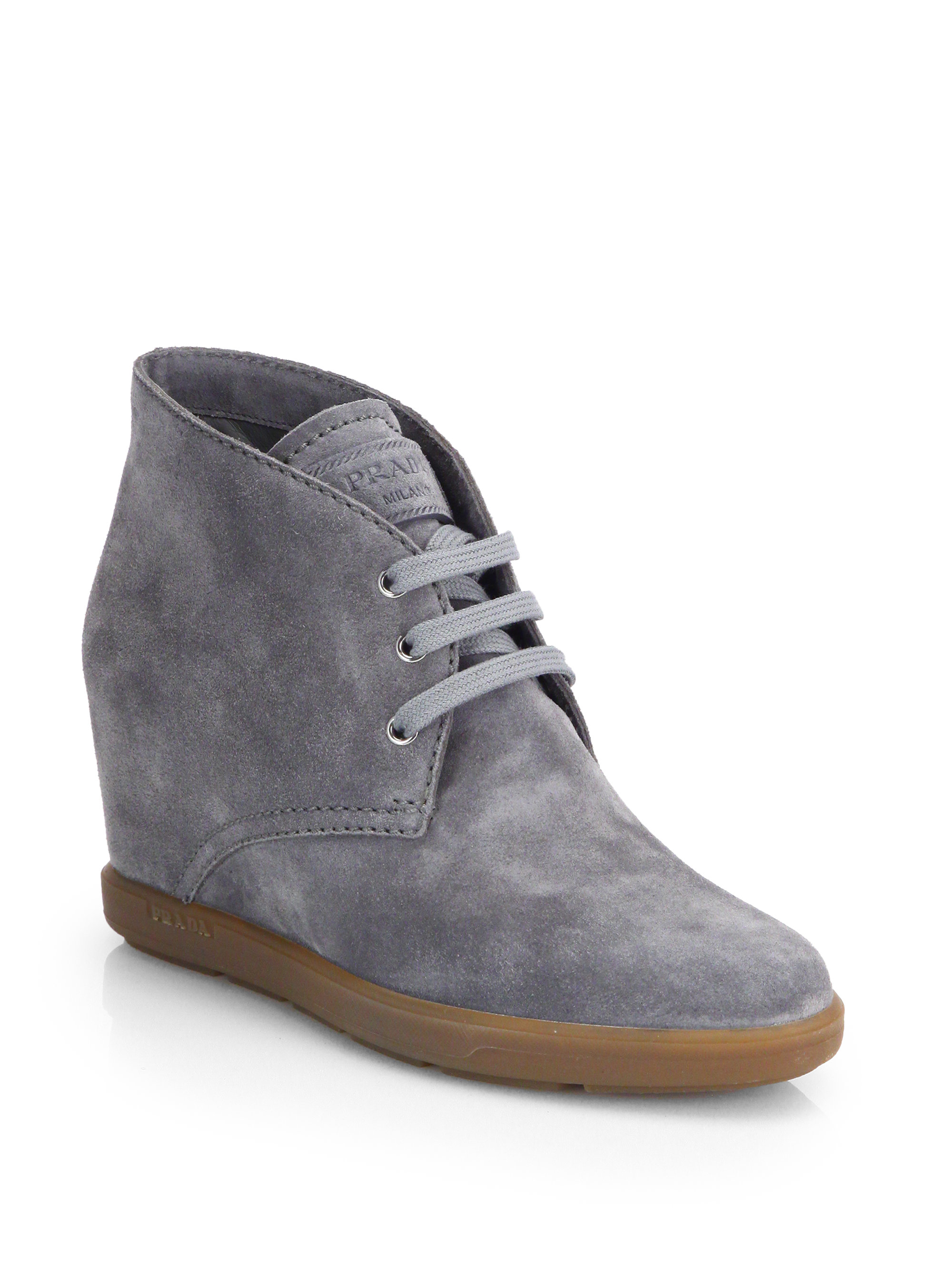 Prada Suede Wedge Ankle Boots in Gray Lyst