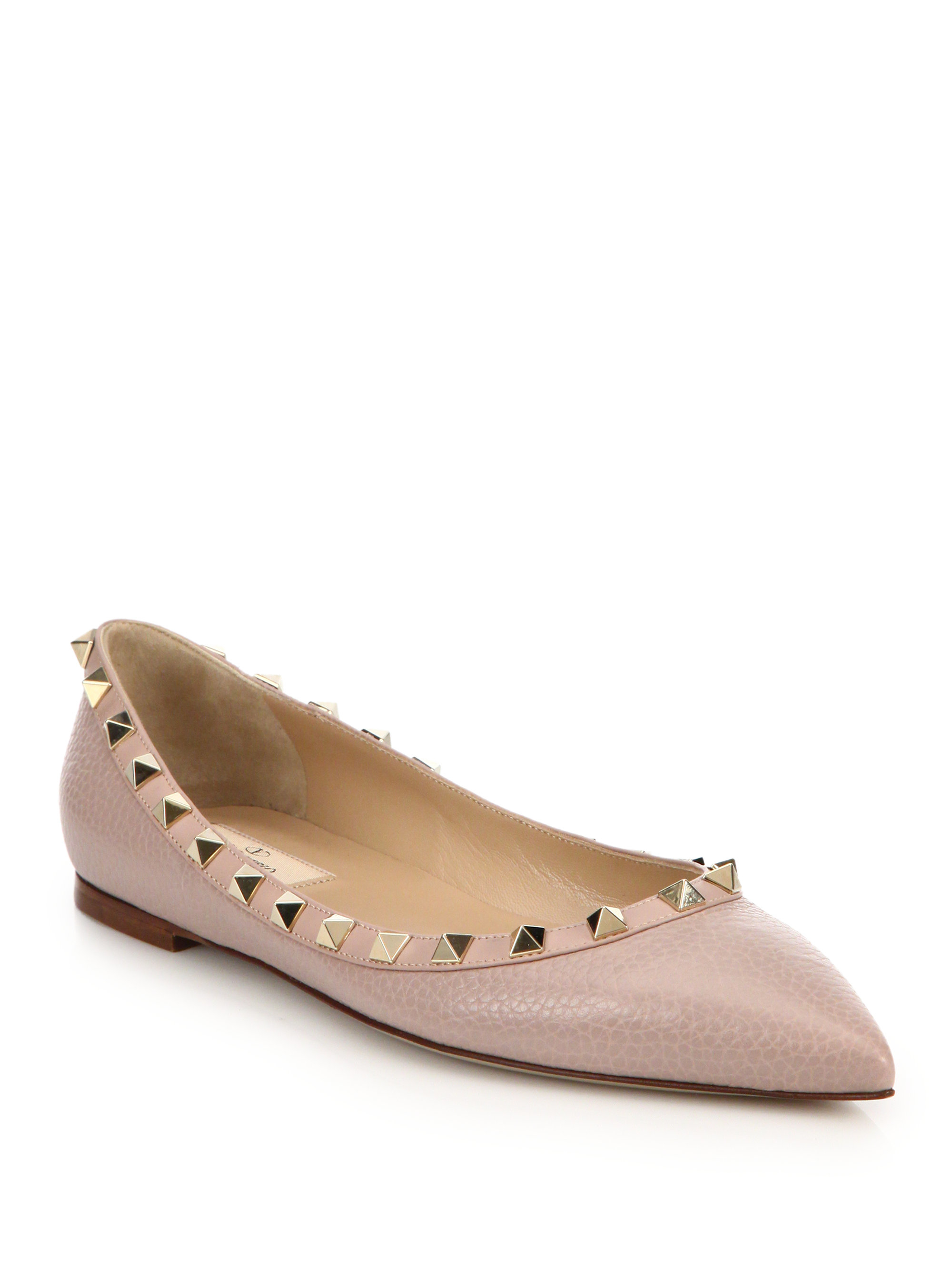 Valentino Rockstud Pebbled Leather Flats in Pink | Lyst