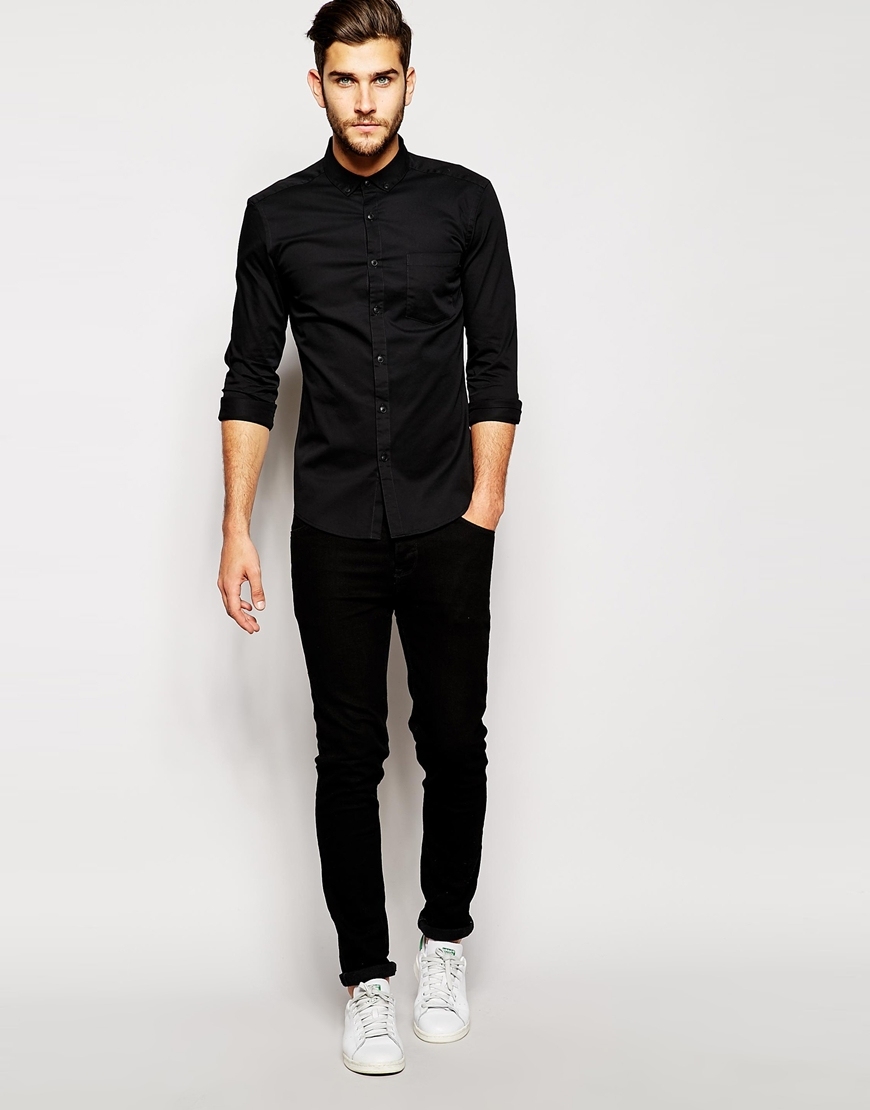 Lyst - Asos Skinny Shirt In Twill With Long Sleeves in Black for Men