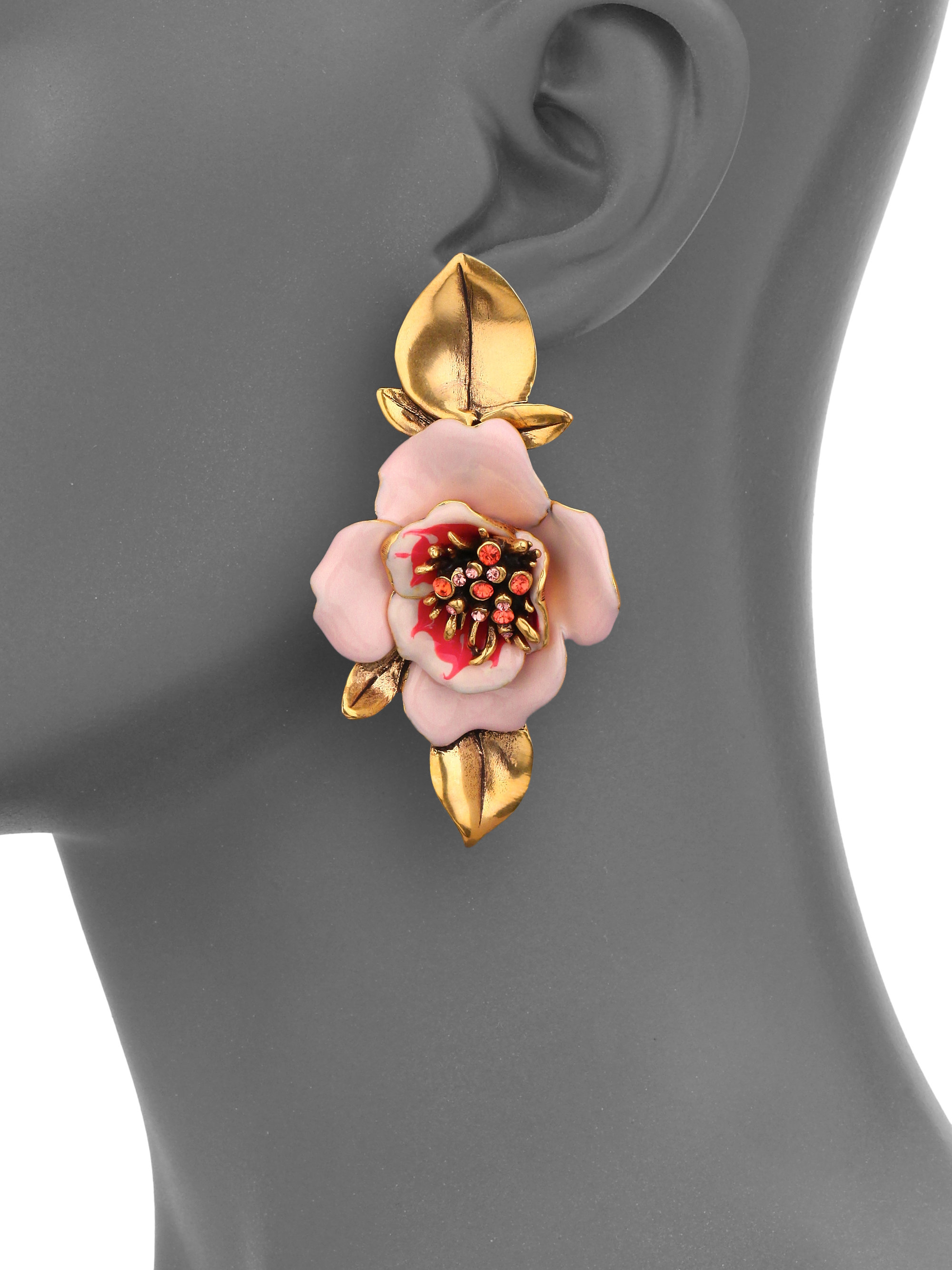 Oscar de la Renta Painted Flower Clip-On Drop Earrings in Pink ...