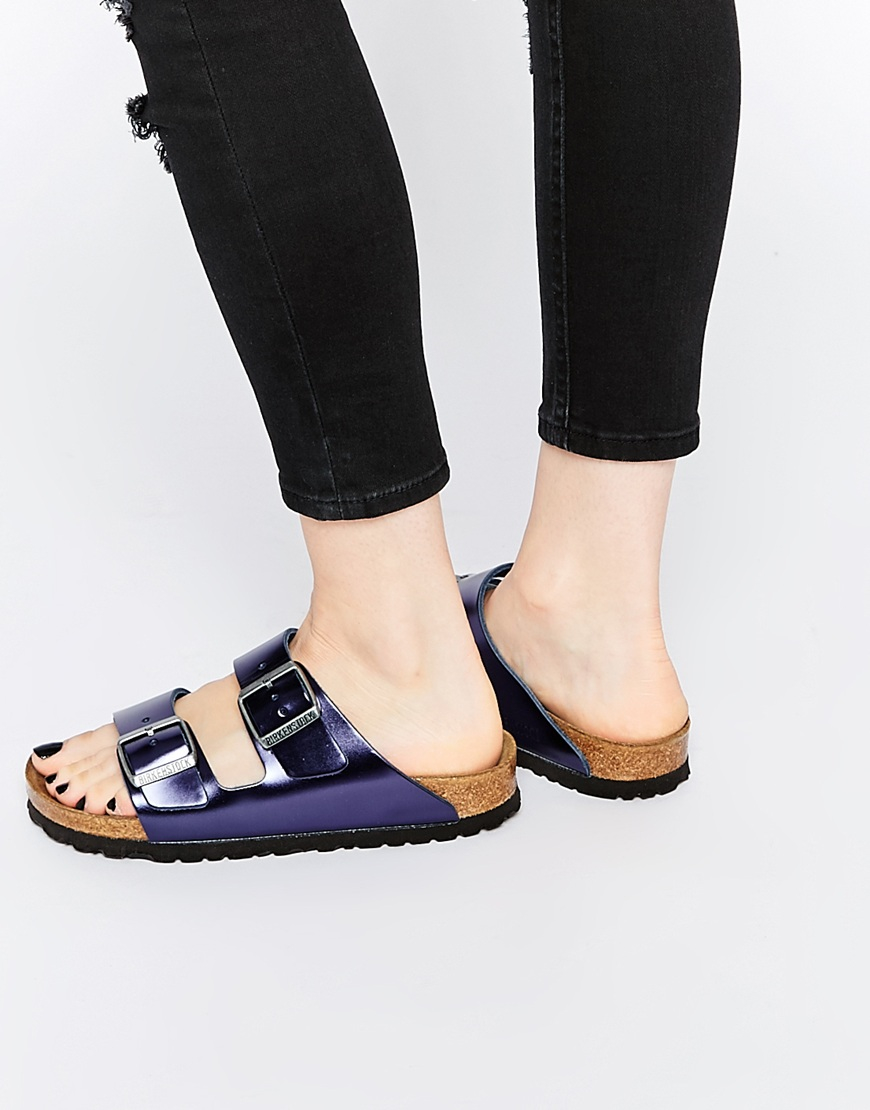 Birkenstock Arizona Metallic Dark Sapphire Slider Flat Sandals in Blue |  Lyst