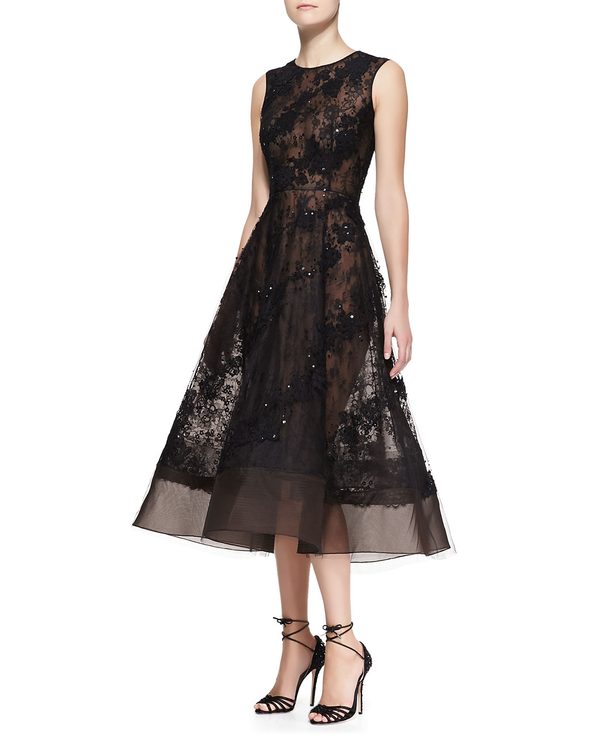 Oscar de la renta Sleeveless Sheer Lace Beaded Dress in Black | Lyst