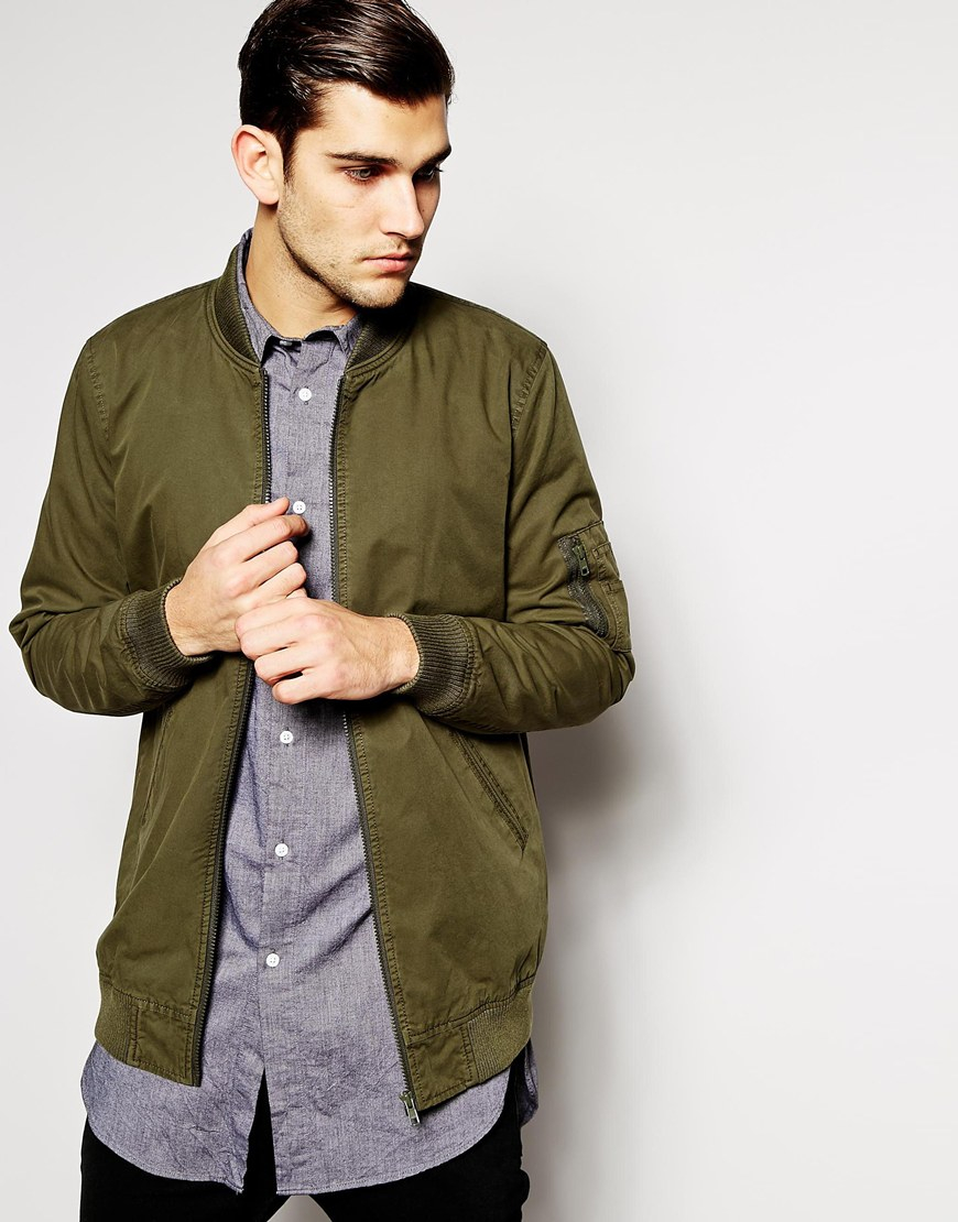 lyst asos longline bomber jacket in green for lyst asos longline bomber jacket in green for
