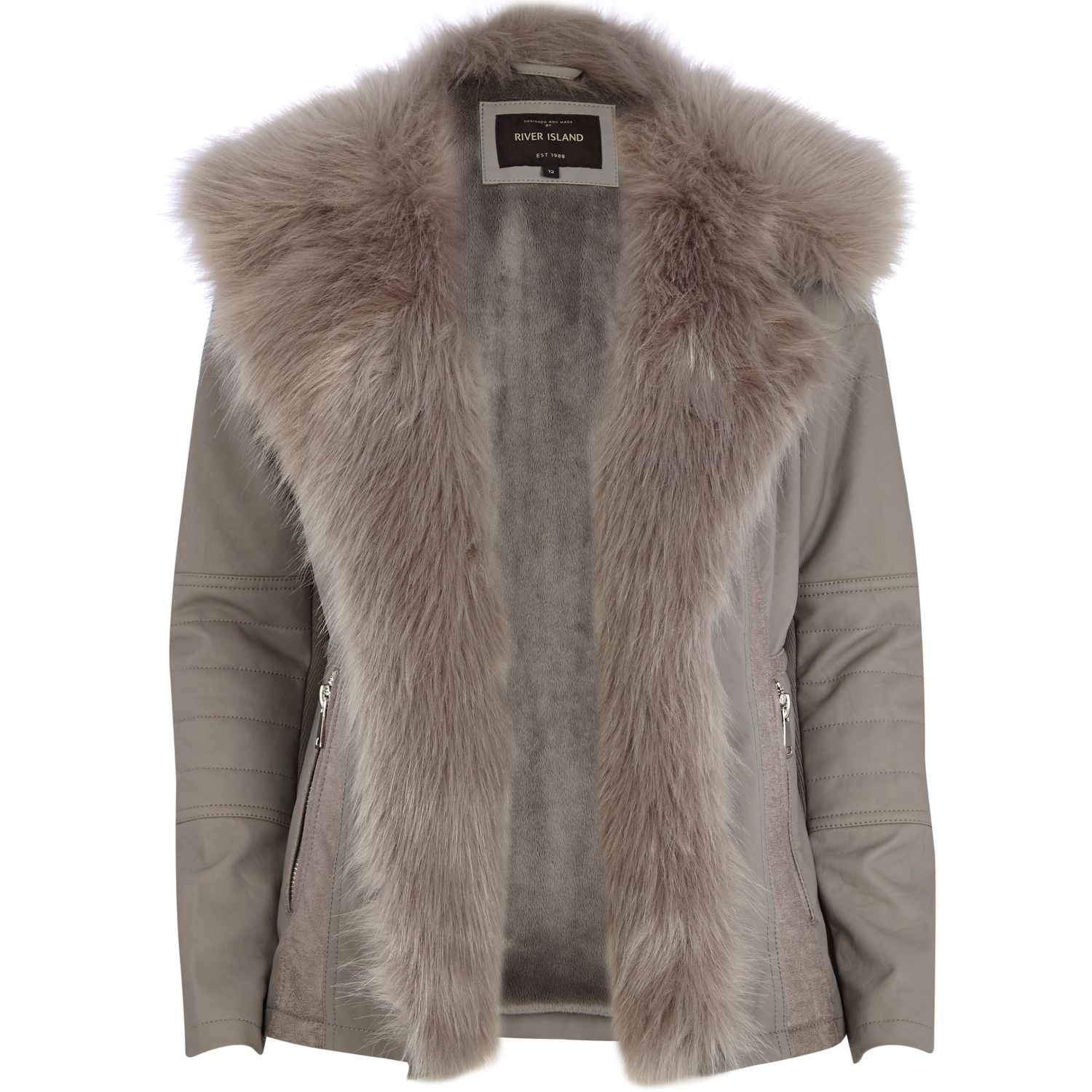 River Island Grey Leather Look Faux Fur Jacket In Gray Lyst Gallery