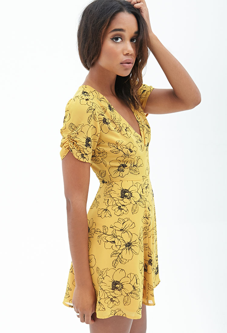 Forever 21 Floral Fit & Flare Dress in Yellow | Lyst