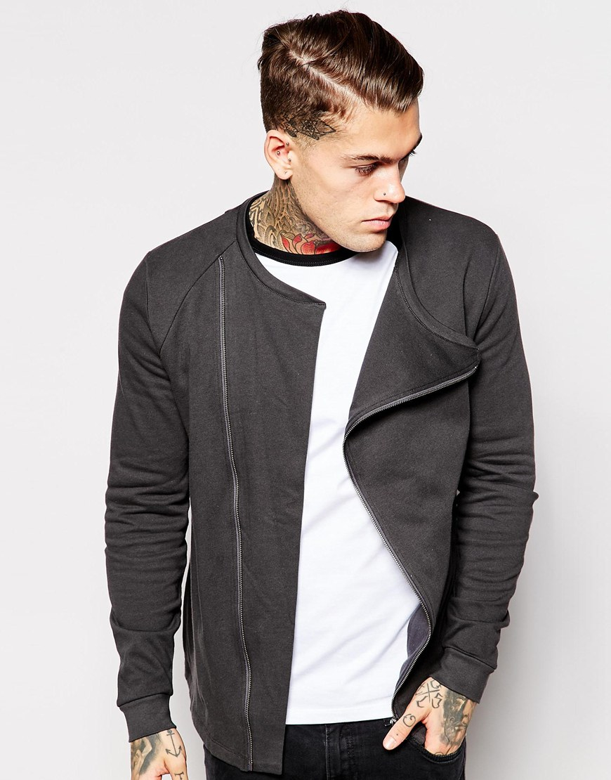 ASOS Collarless Biker Jacket In Jersey With Asymmetric Zip in Gray for Men