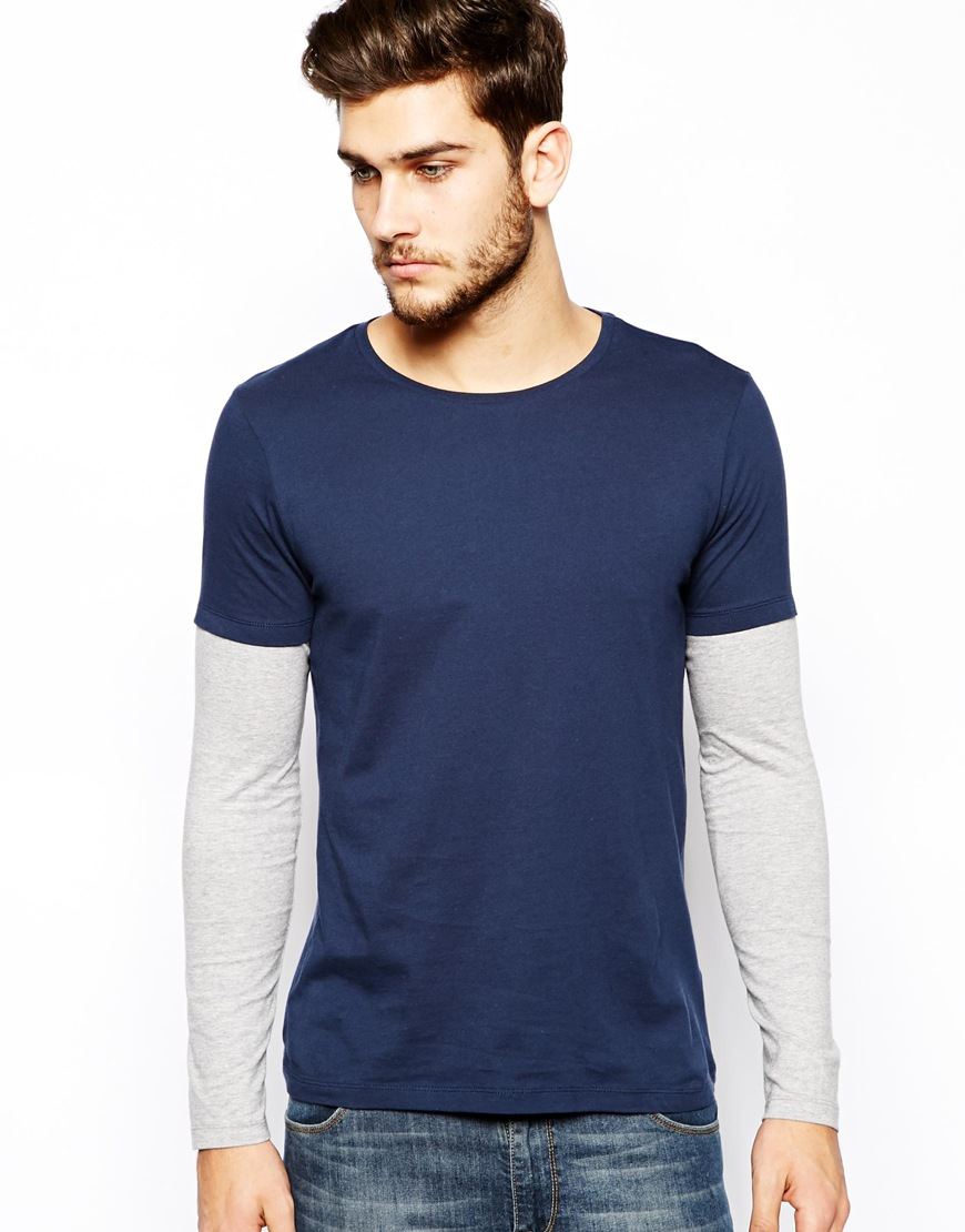 overvåge frivillig Bølle ASOS Long Sleeve Tshirt with Double Layer in Blue for Men | Lyst