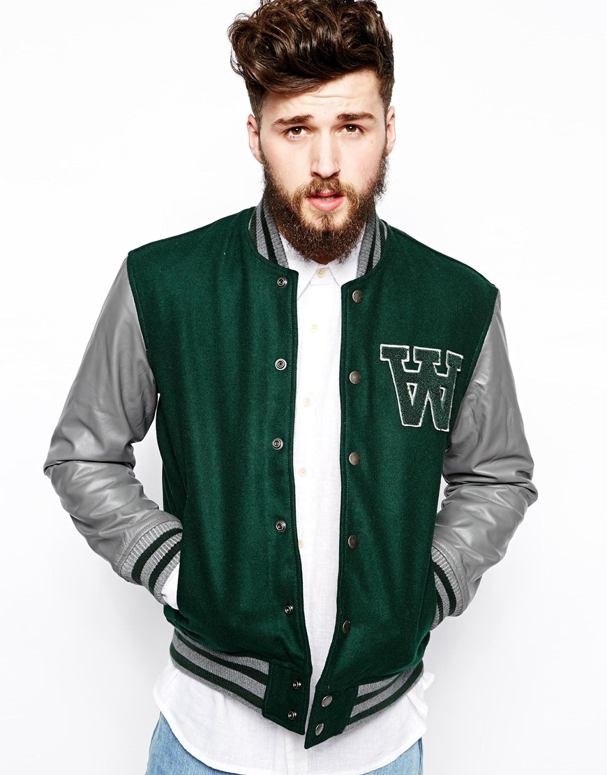 Lyst Wood Wood Varsity Jacket with Leather Sleeves in Green for Men