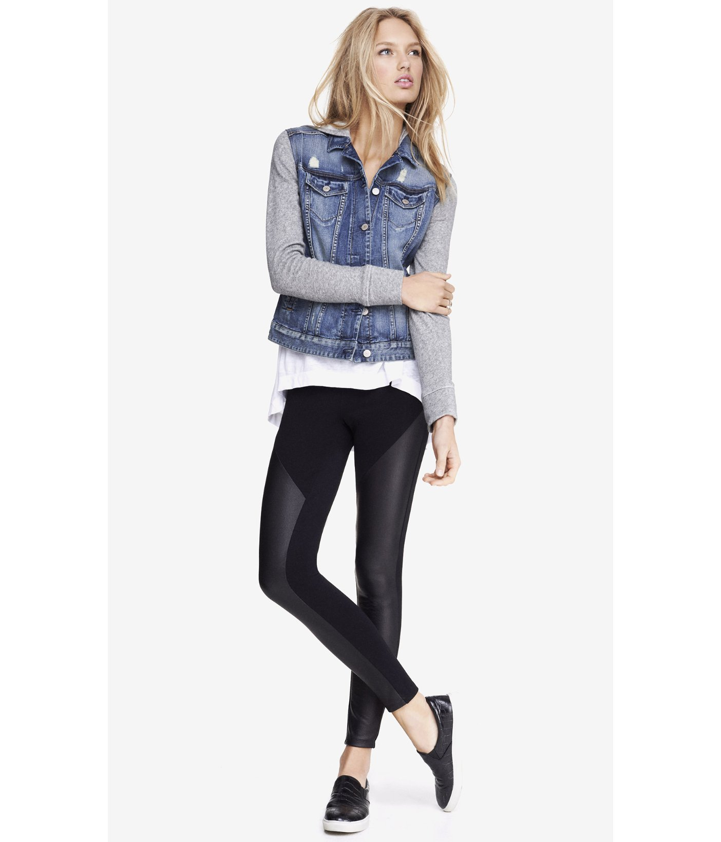 denim jacket with sweater sleeves