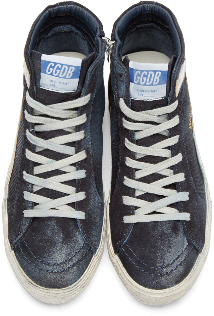 Golden Goose Navy Denim Distressed High-top Slide Sneakers in Blue | Lyst