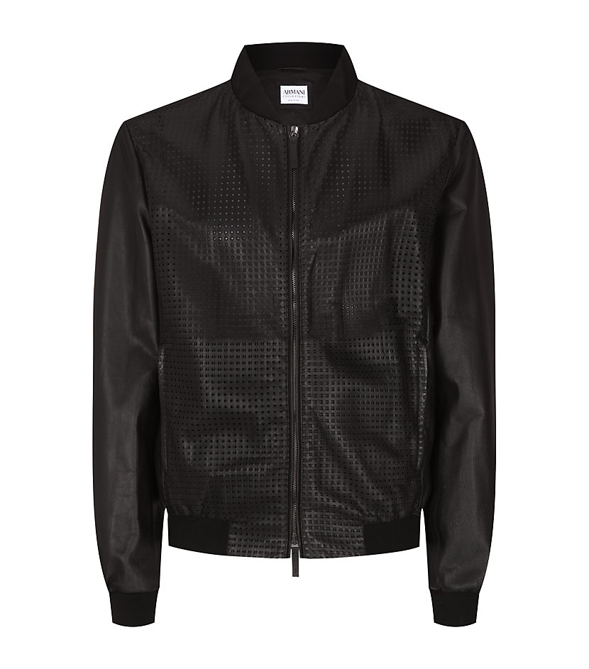 Armani Perforated Leather Bomber Jacket in Black for Men | Lyst