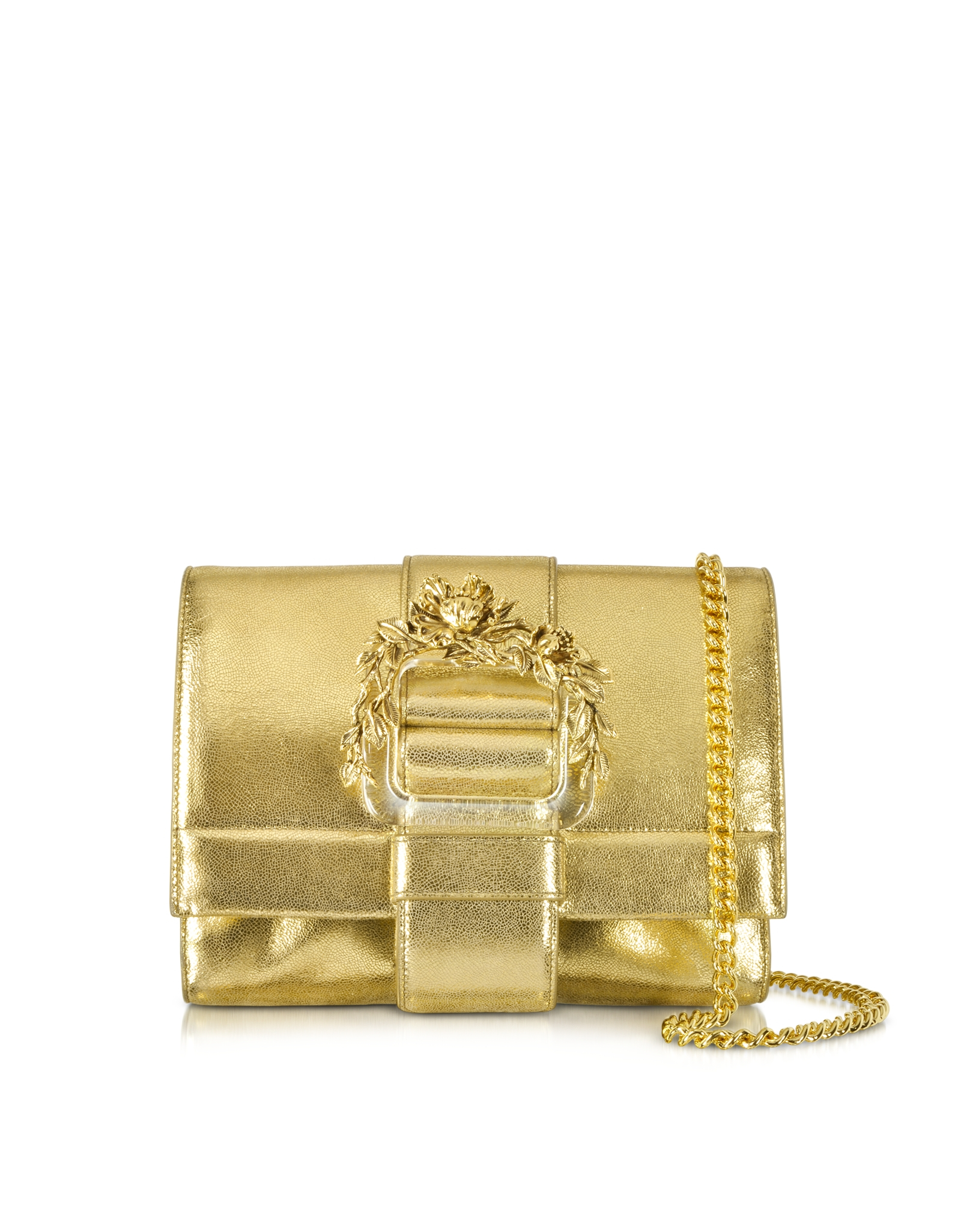 Roberto Cavalli Small Light Gold Metallic Leather Clutch W/chain Strap